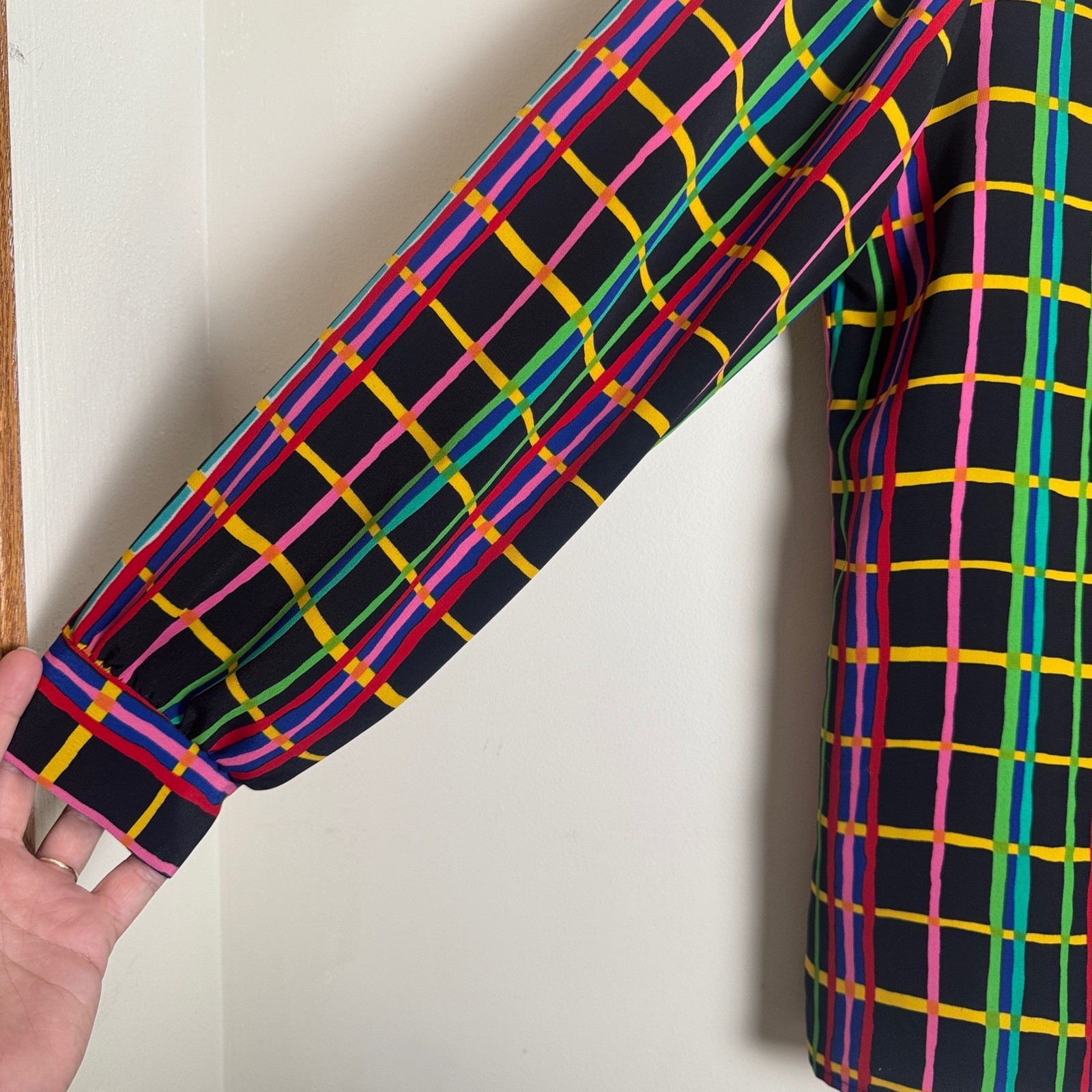 Vintage Graff Californiawear Rainbow Grid Plaid Button Up Blouse Size 14