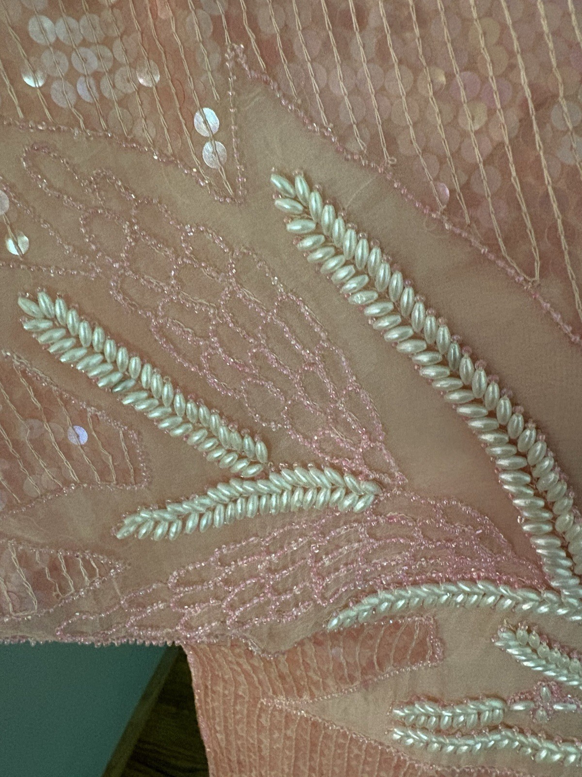 Vintage 80s Hand Beaded 100% Silk Top Pastel Pink Sequin. NWT!M Deadstock. India