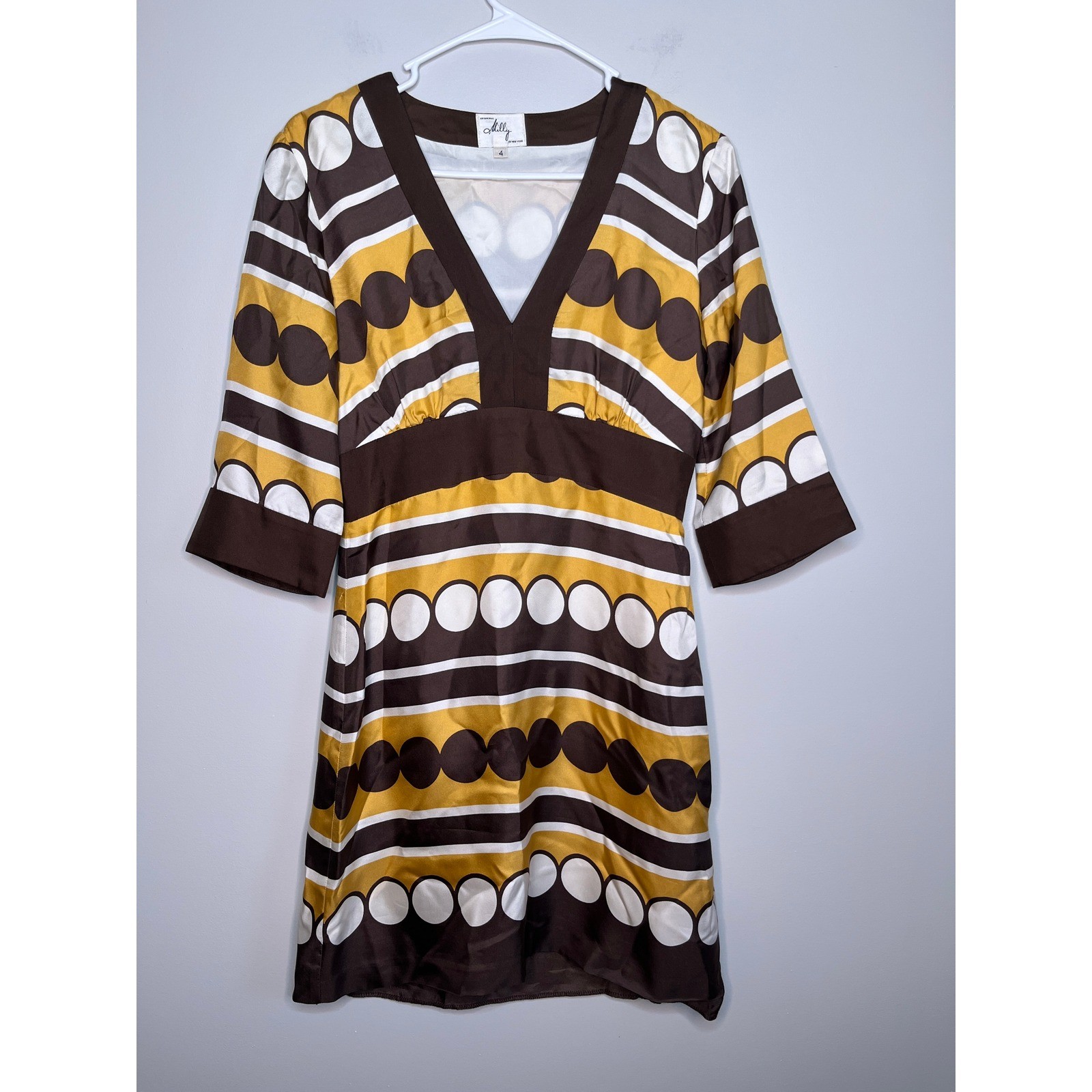 1970s Milly Silk Brown Yellow Cream Groovy GoGo Disco Polka Dot Mini Dress M