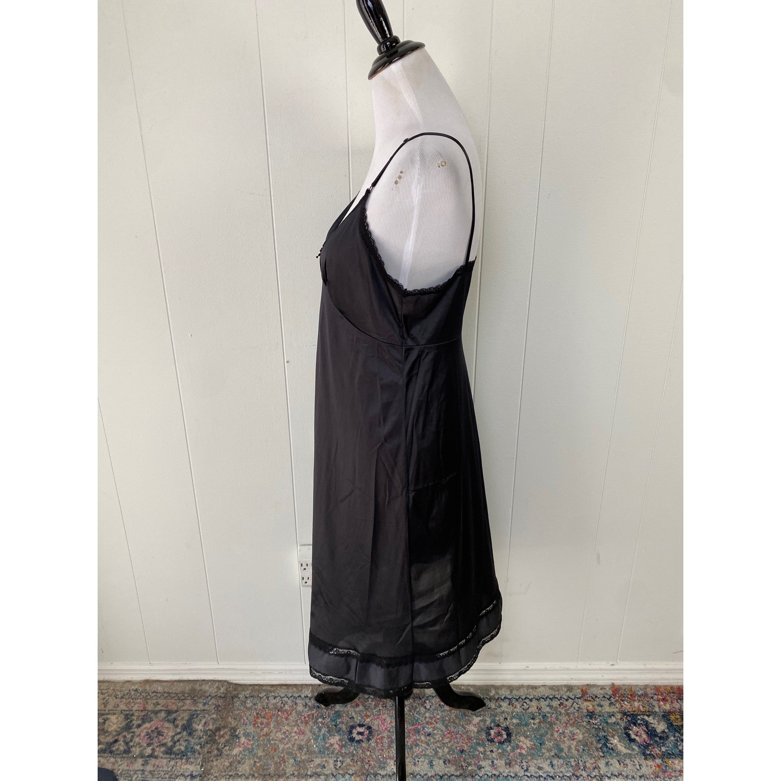 Vintage Sears Black Lace Trim Full Slip Antron III Nylon Size 38/M Made in USA