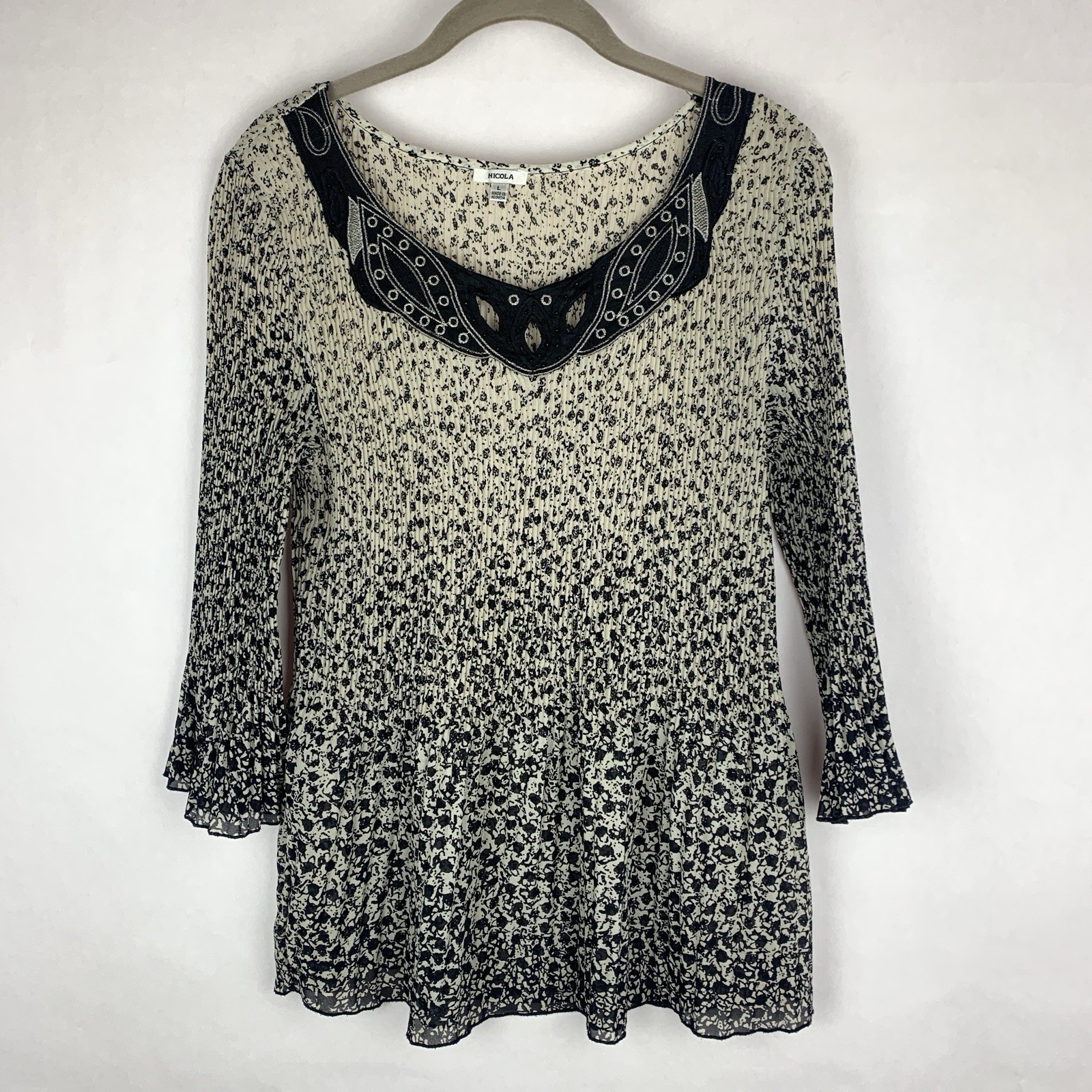 Vtg 90s Ditsy Floral Top Large Pleated Sheer Fairy Whimsigoth Beaded Bell Sleeve
