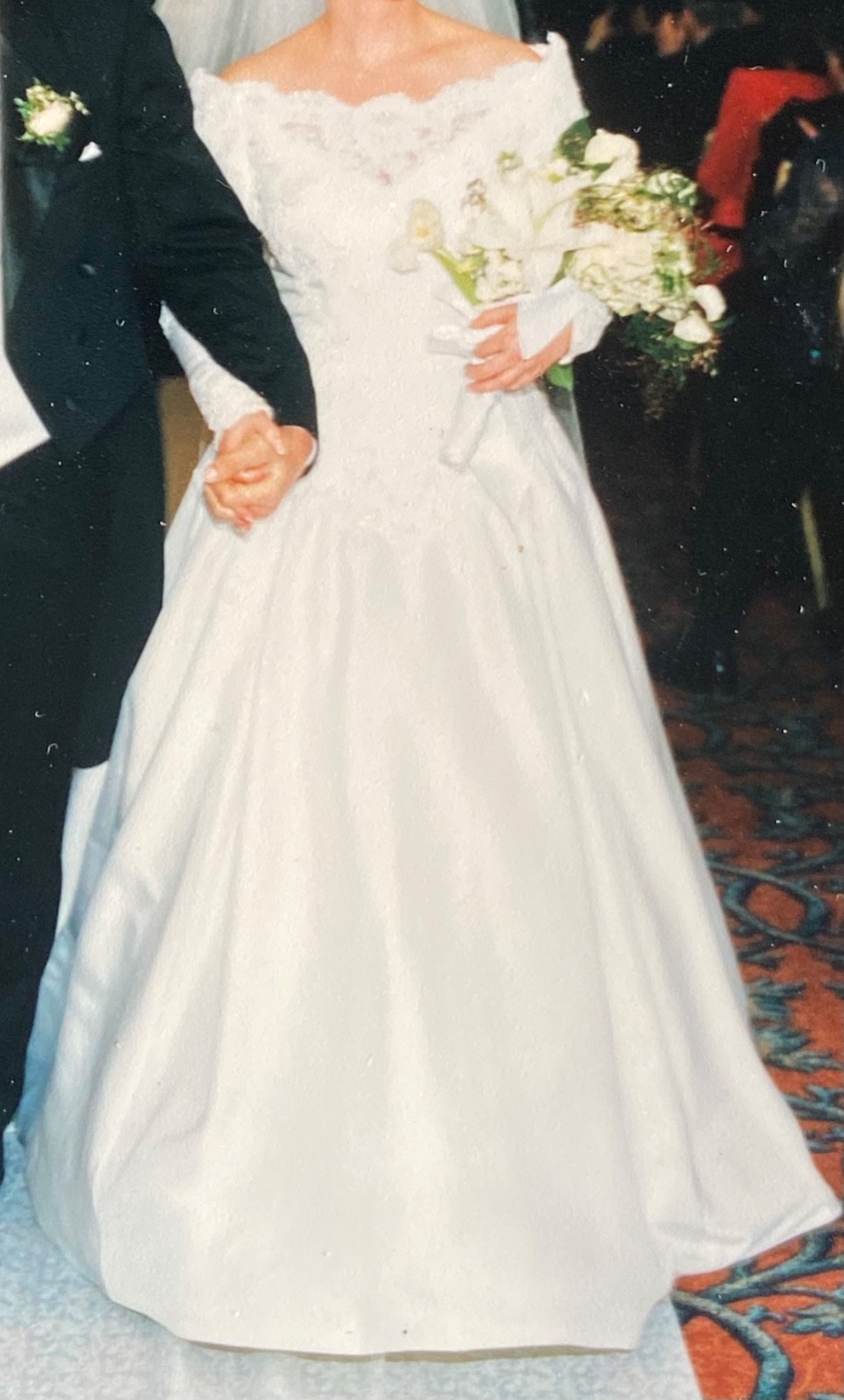 Vintage Wedding Dress 1990’s Satin, beaded with lace, size 6, with train.