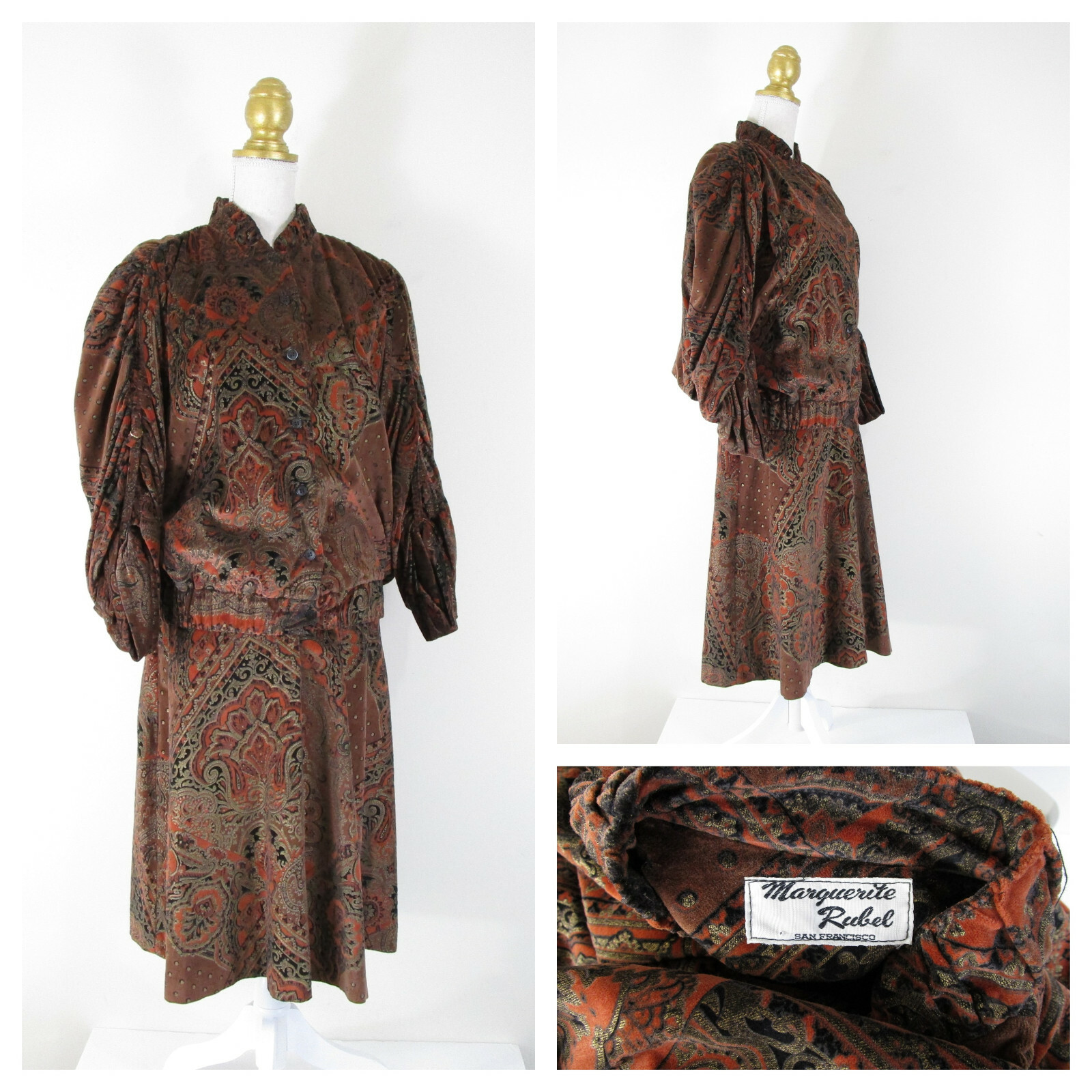 Vintage Marguerite Rubel San Francisco Velvet Jacquard Skirt Set Suit Size S