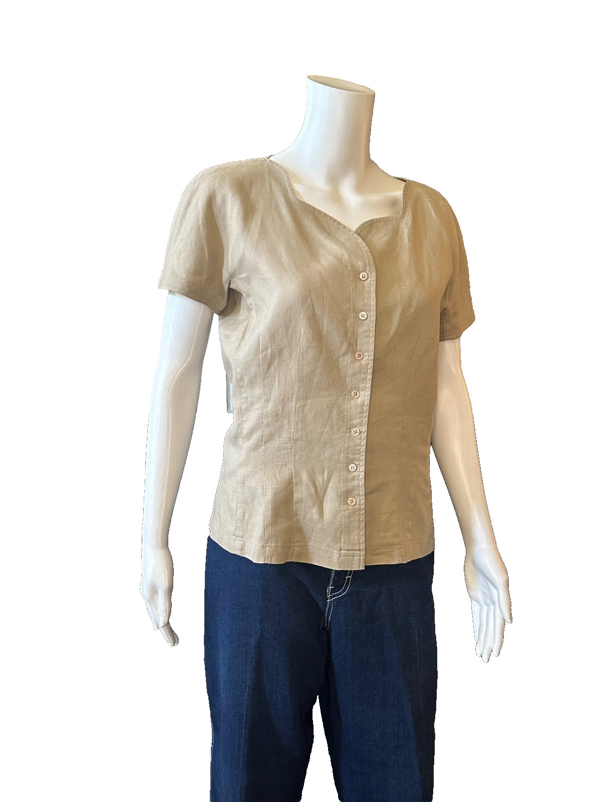 Claude Bennett Short Sleeve 100% Linen Size 12 tan button up blouse vtg