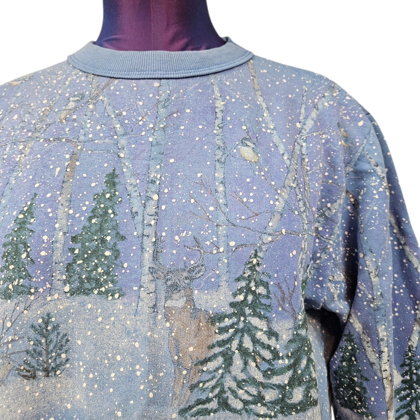 Vintage Artisans Sunschein Designs Winter Deer Scene Sweatshirt Blue Women Large