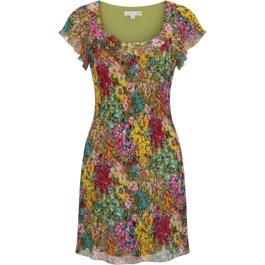 VTG Madison Leigh 90s Knee Length Dress A Line Floral Appliqué Y2K SZ 8 Scoop