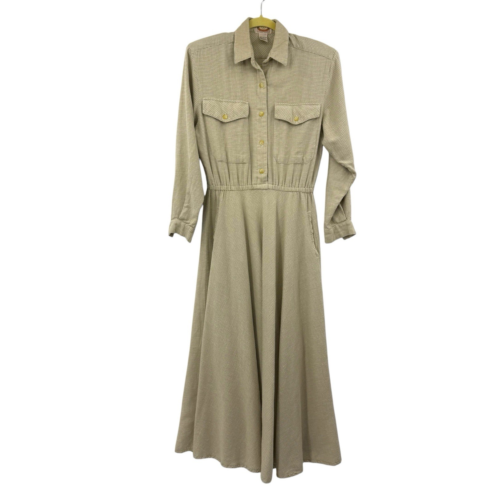 Vintage Banana Republic Safari Midi Dress Sz S Khaki Houndstooth Modest 1987