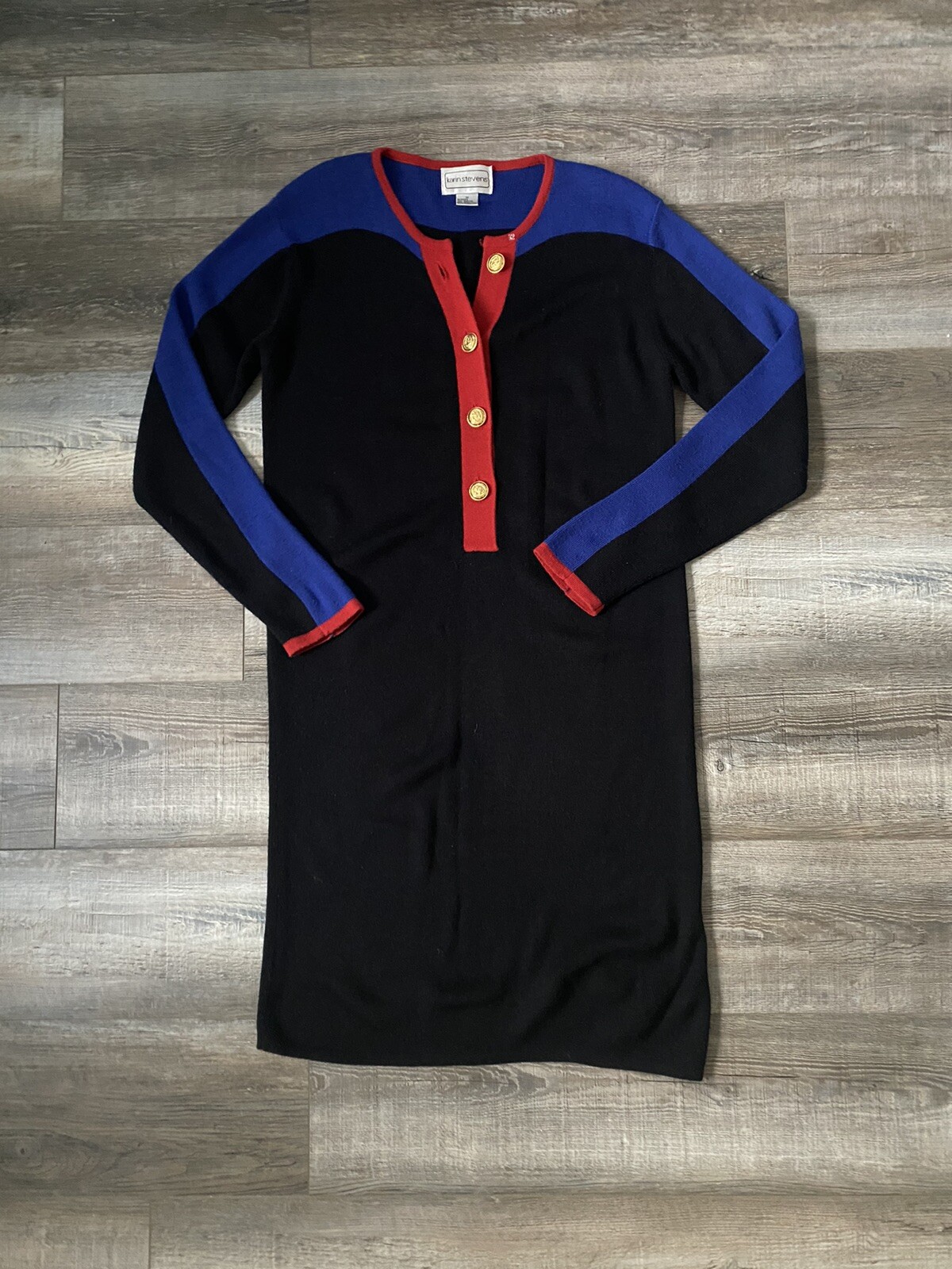 Vintage Wool Blend Black Blue Colorblock Sheath Sweater Dress Karin Stevens M