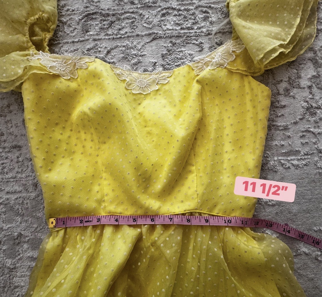 Vintage 1950s Yellow Swiss Dot Tulle Gown with Ruffle Sleeves and Lace Trim