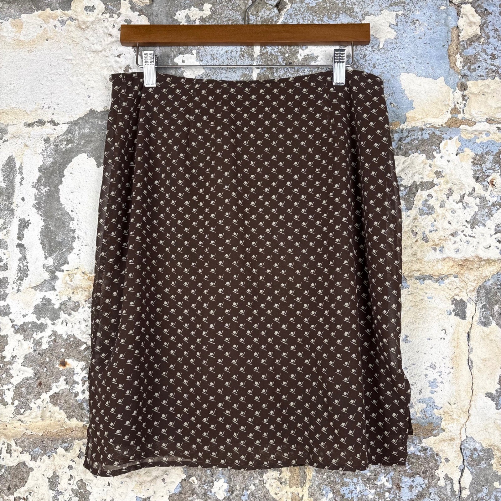 Vintage Express Brown Geometric Print Midi Skirt 90s Chiffon Lined Size 11/12