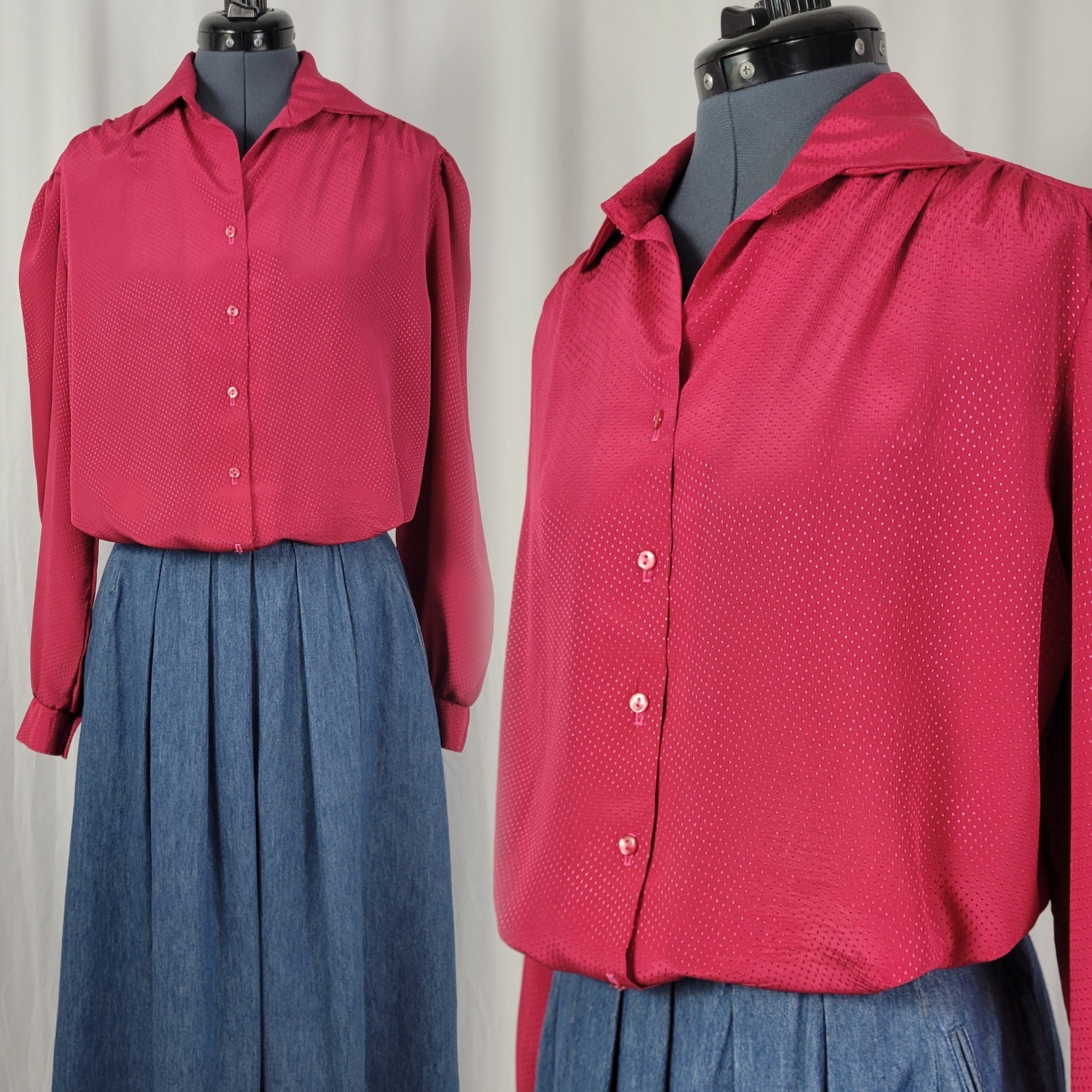 Vintage Paris Station Magenta Pink Polka Dot on Magenta Pink Blouse Size 16