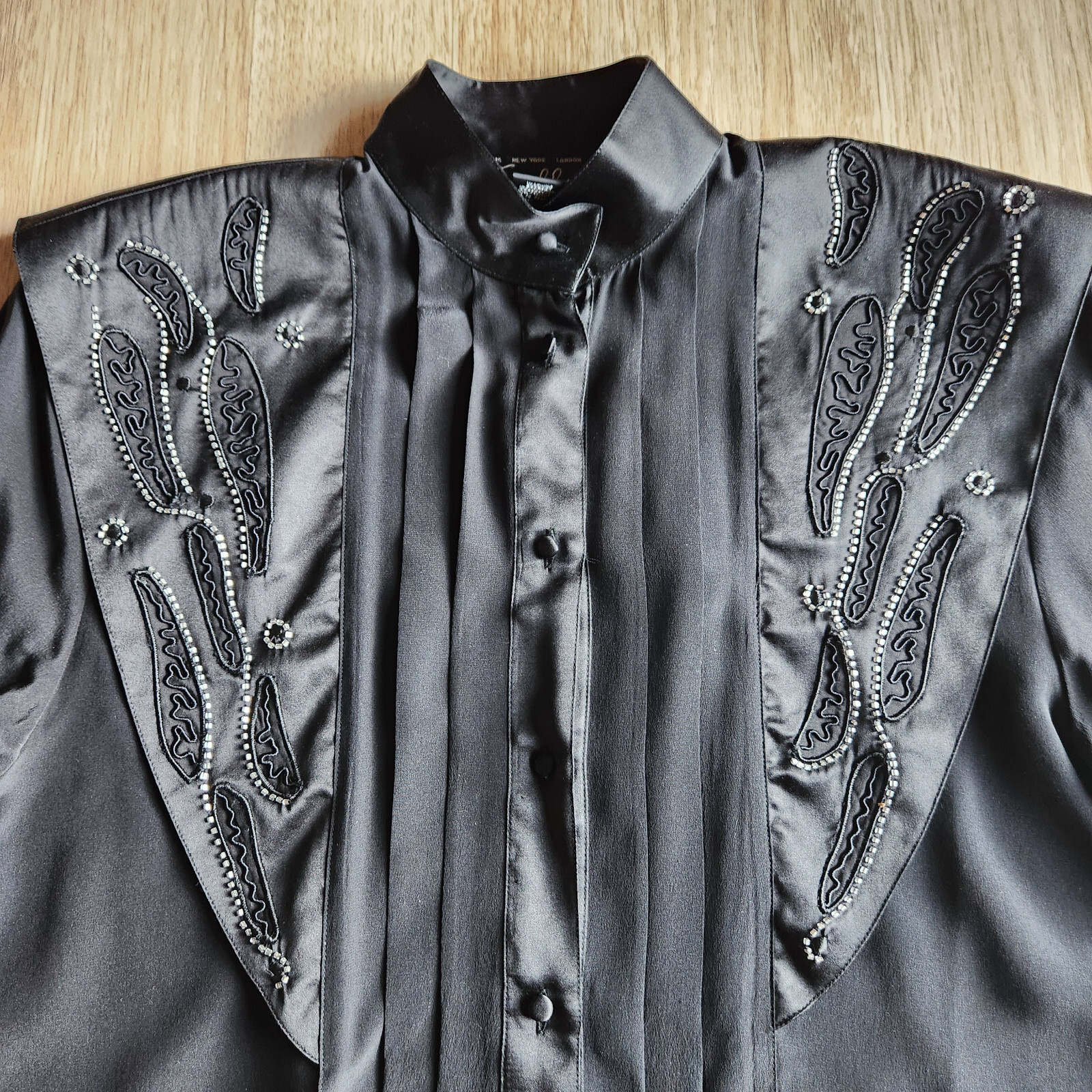 Vintage Suzelle Silk Satin Beaded Blouse High Neck Button Long Sleeve Black Sz.8