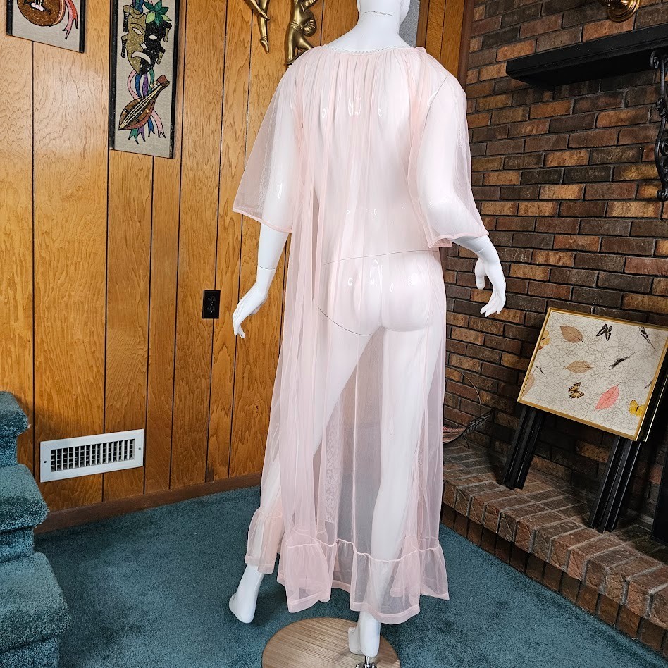 Vtg 50s Juicy Peach Cheesecake Pin-Up Sheer Chiffon Lace Peignoir Maxi Robe OSFM