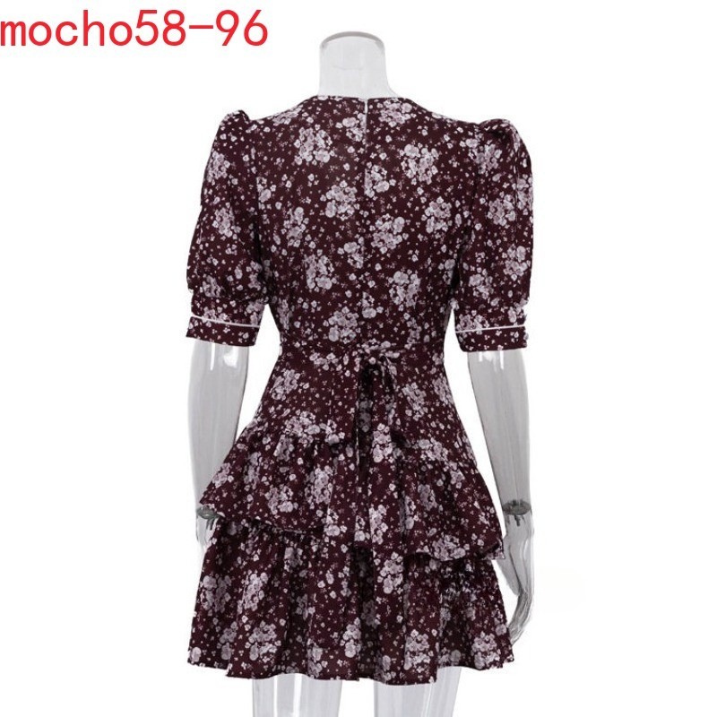 Summer Style Printing V-neck Floral Dress Short Sleeves High Waist Floral Dress