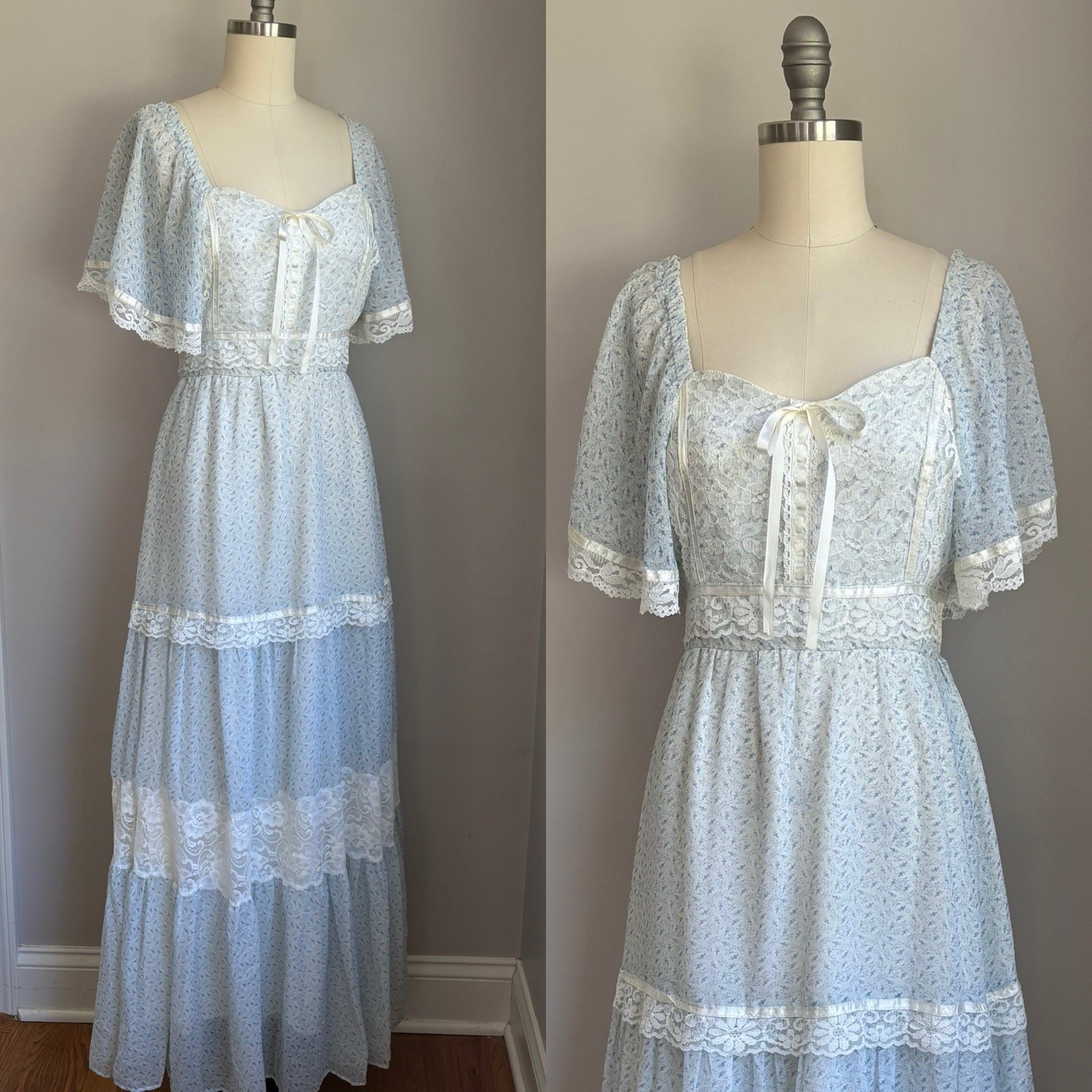Vintage 1970’s Baby Blue Floral & Lace Cottagecore Prairie Maxi Dress XS