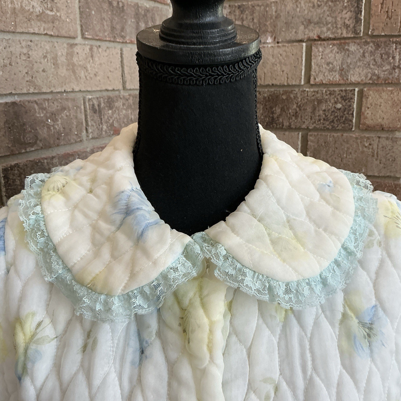 60s VINTAGE Paulette Chicago Quilted Floral Robe Duster Size 12 Blue Yellow 20D6