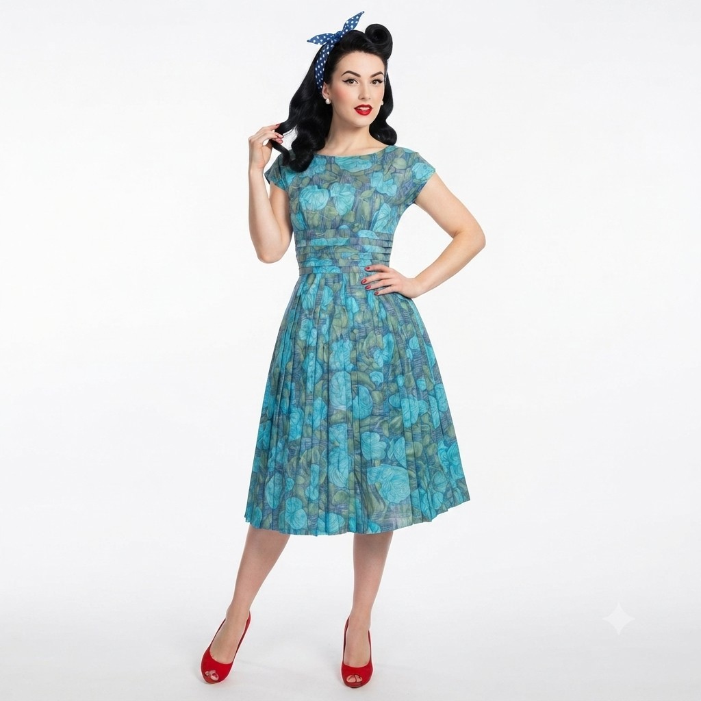 Maxine Floral Day Dress Ladies S Atomic MCM Aqua Trad Housewife Day Vamp 50s Vtg
