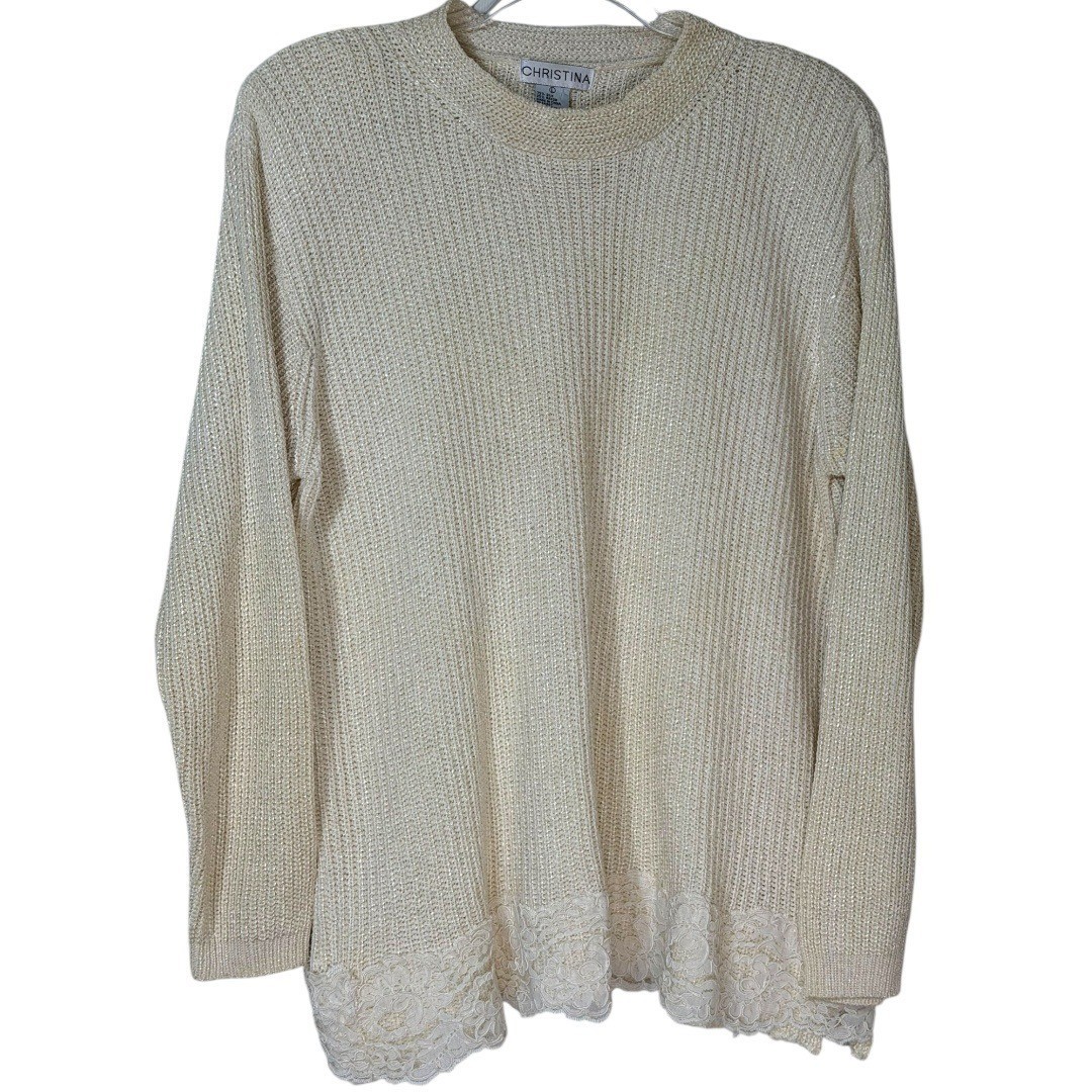 Vintage 80s Christina Silk / Rayon Knit Sweater With Lace Trim Silk Size Large