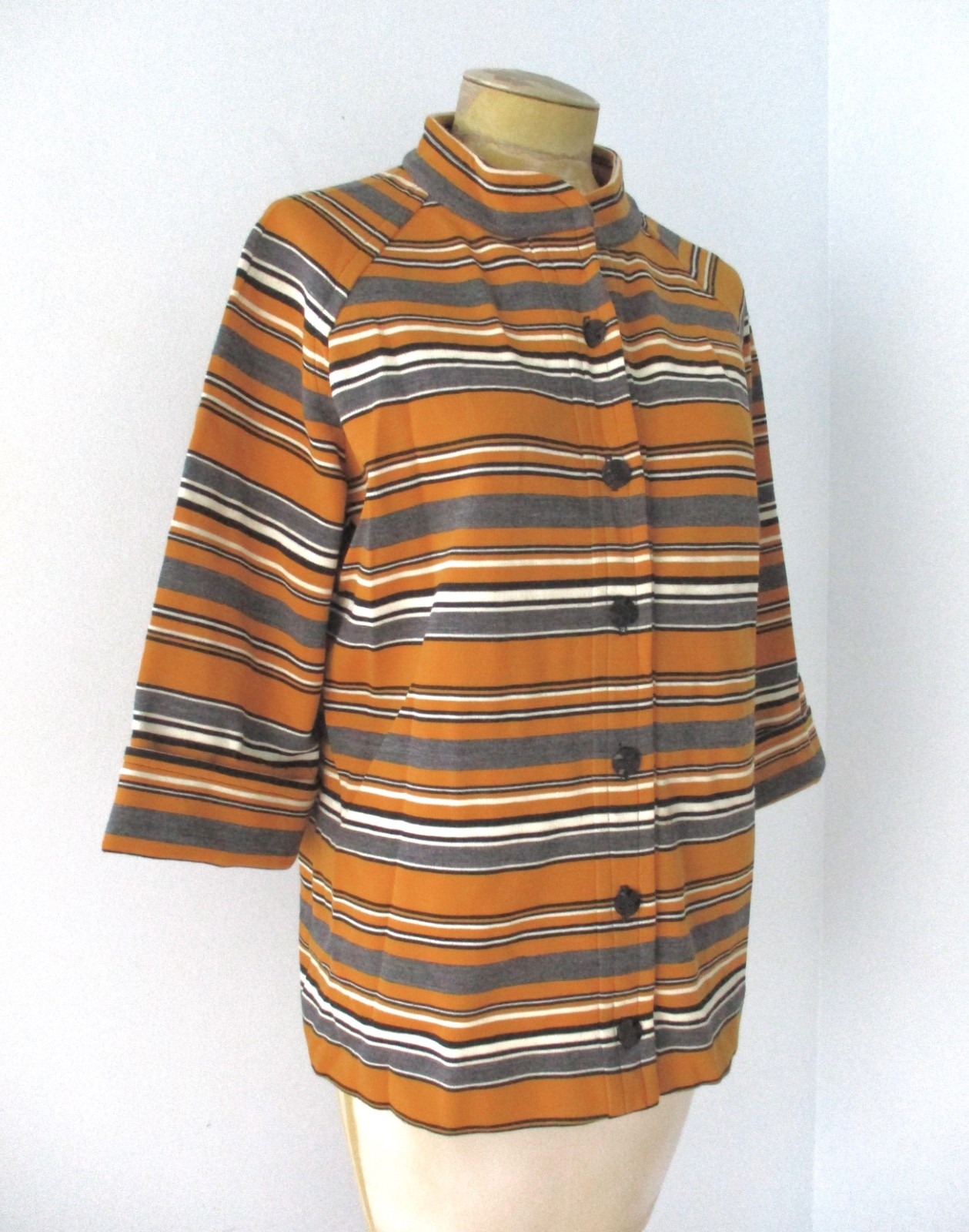 Vtg 60s mod gold gray stripe wool knit button Nehru collar jacket blouse top M/L