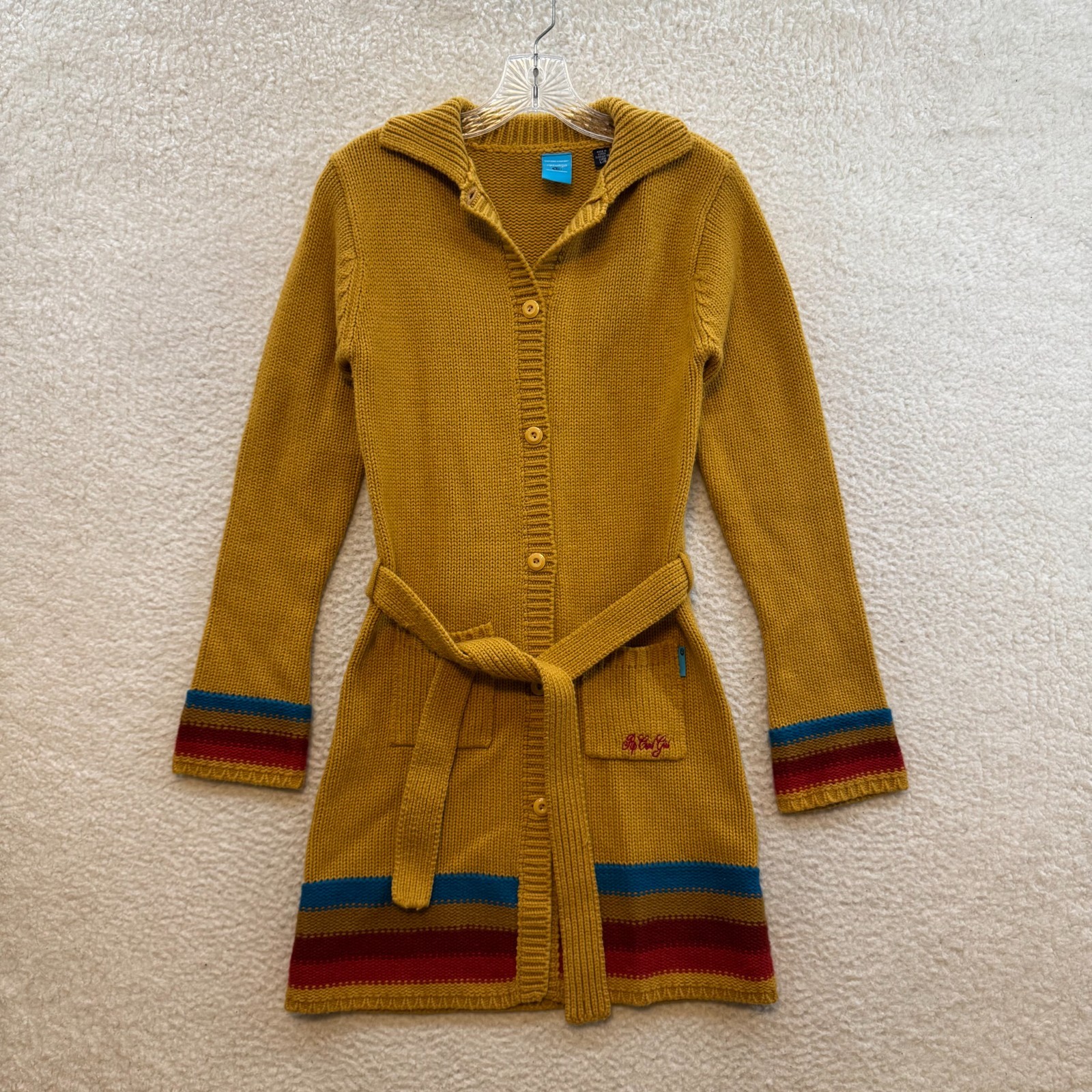 Y2K Vintage Longline Cardigan Sweater Small Medium Mustard Yellow Sash Belted