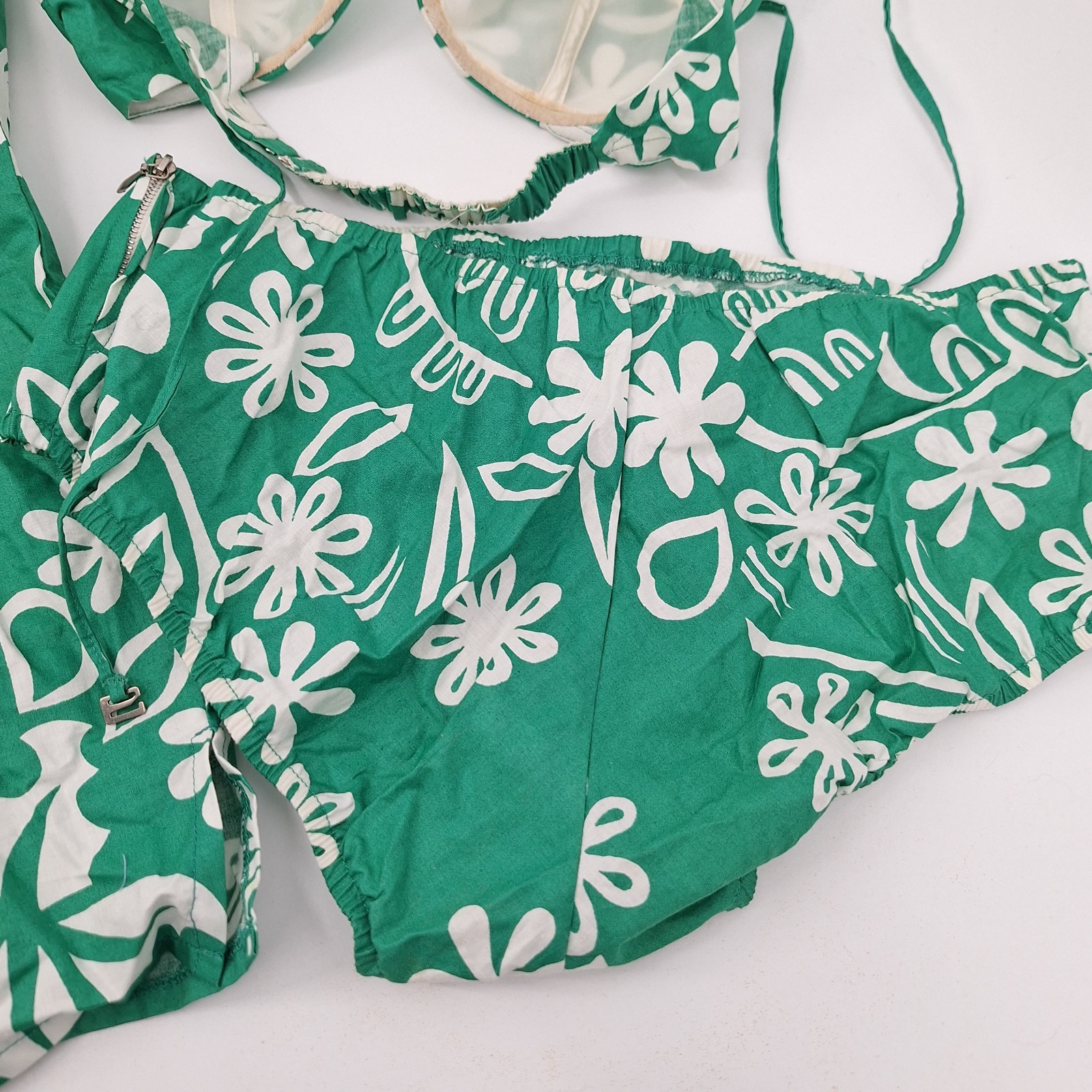 Vtg Green Bikini Retro 3 Pc Set Bathing Suit Mid Century Swimsuit Tropical