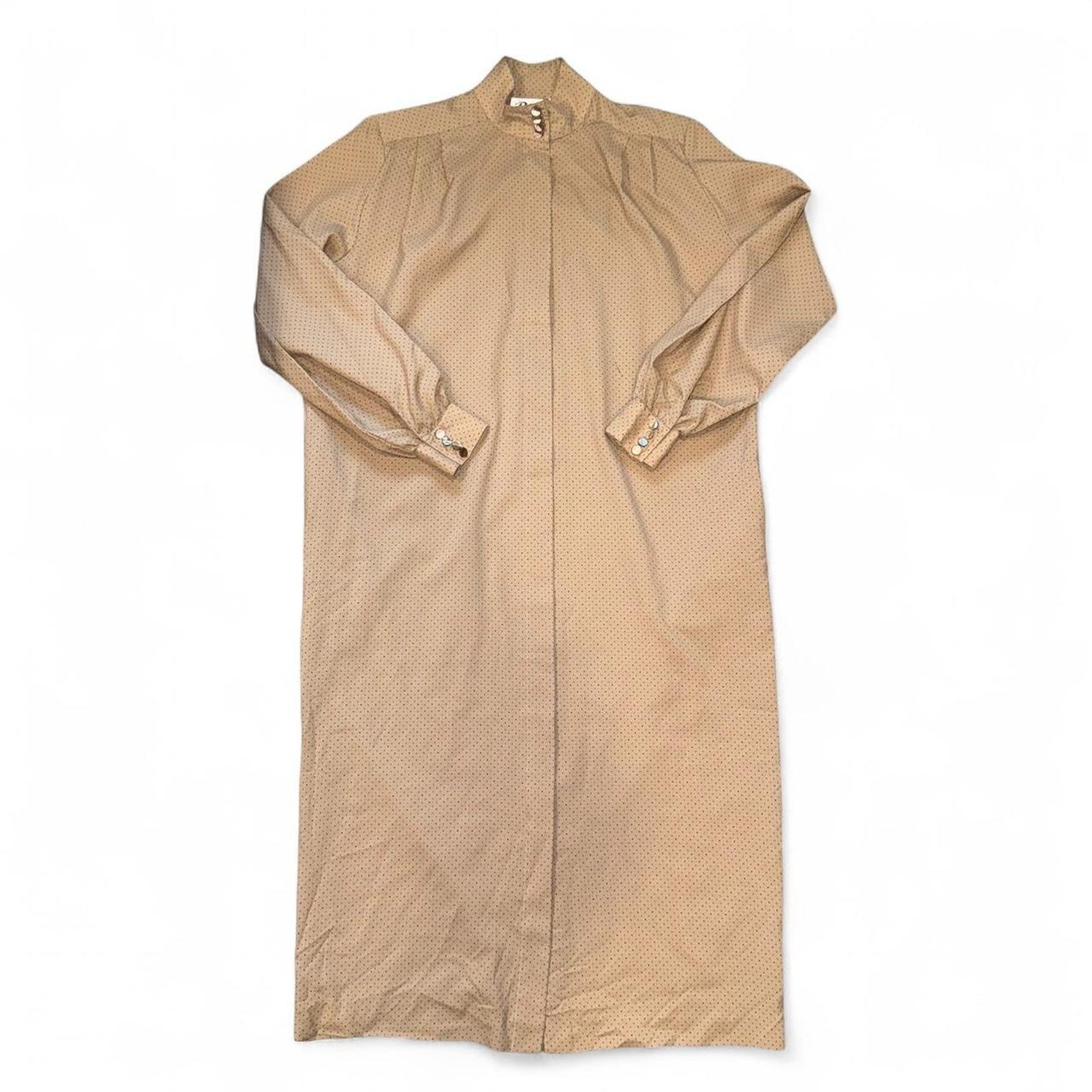 Charming vintage tan, pink & black polka dot button up shirt dress women size 6