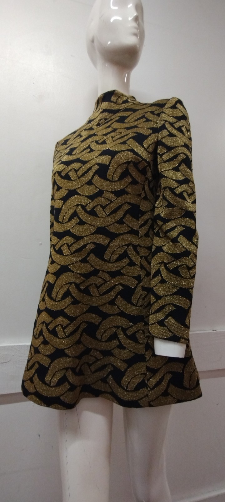 Vintage 60s Mod Mini Dress Gold Metallic Virgin Wool KIMBERLY M MOCK LONG SLEEVE