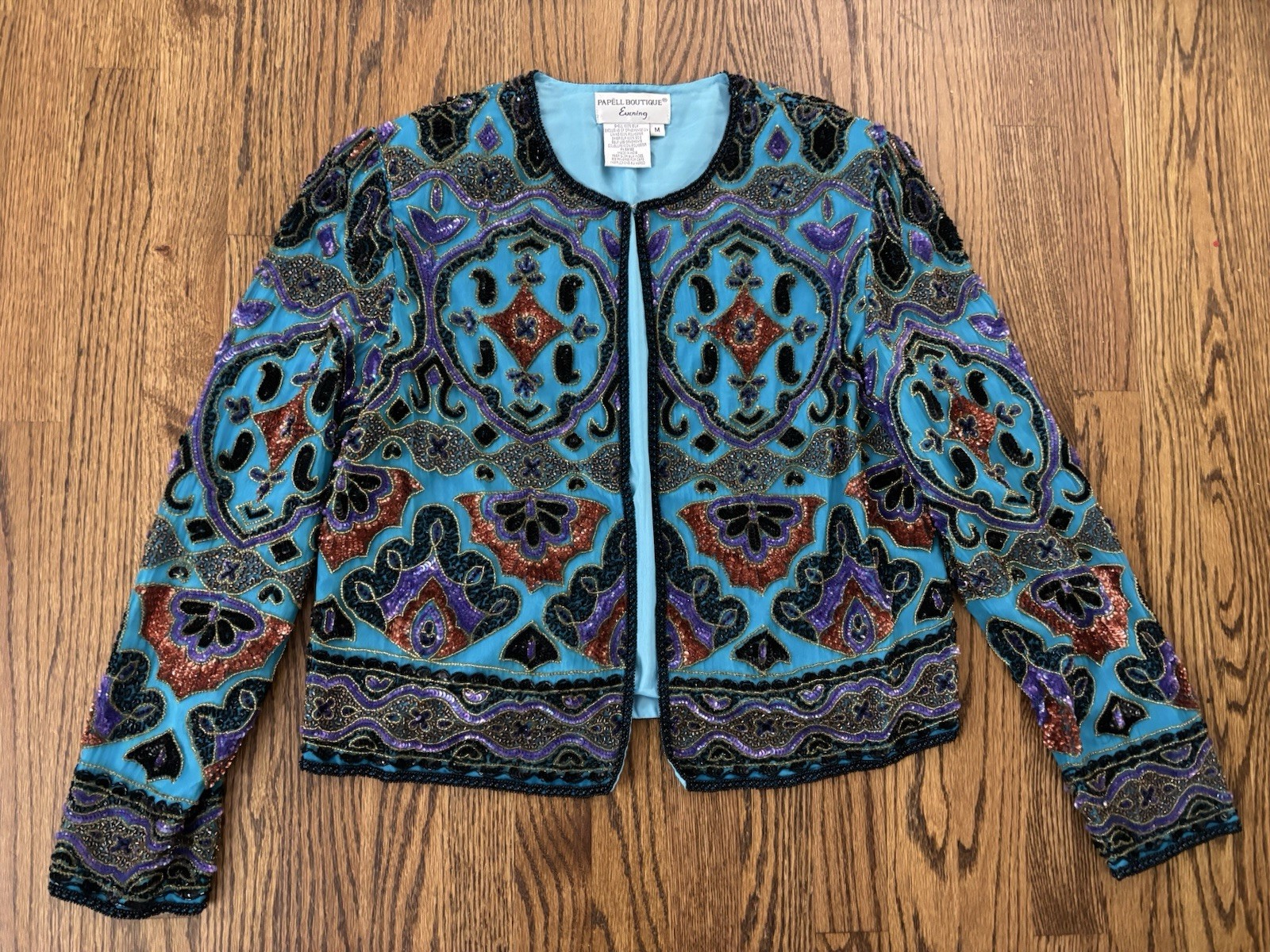 Vintage Turquoise Aqua Blue Cropped Beaded Sequin Trophy Jacket M Bolero
