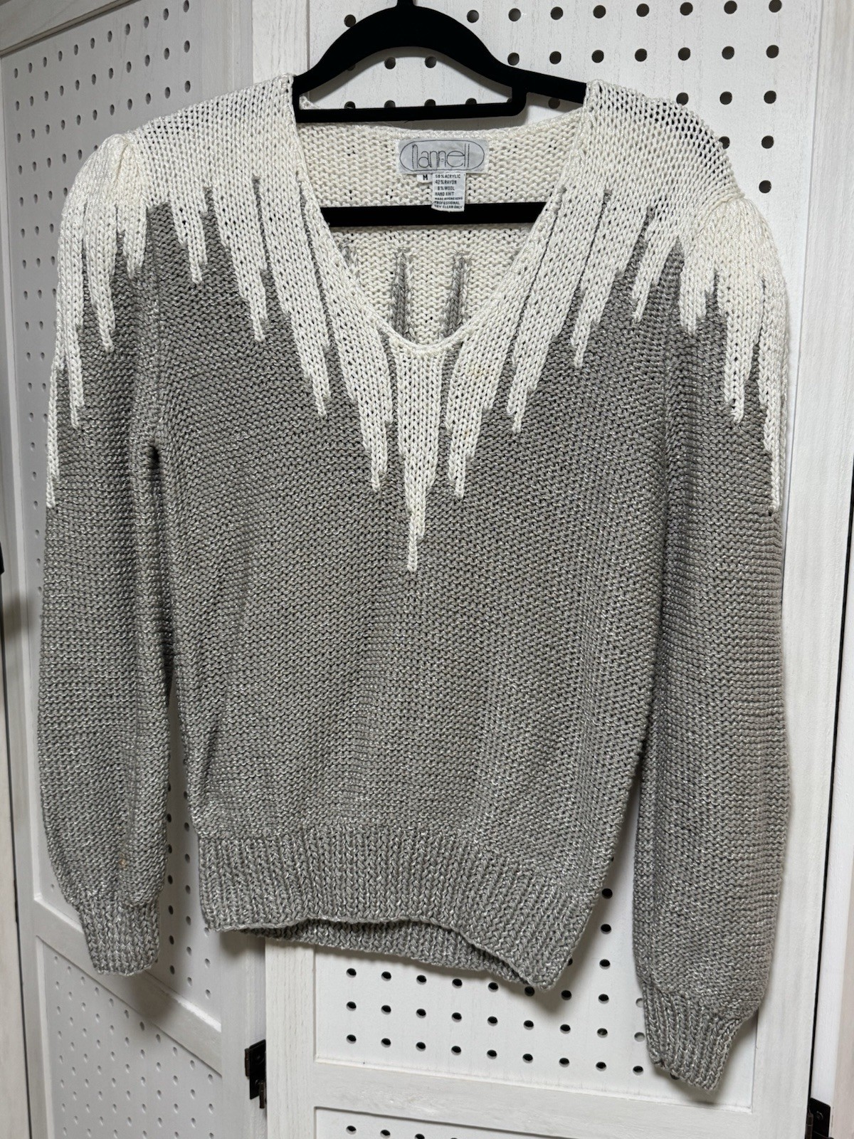 Vintage Nannell Size M Sweater Rayon Wool Acrylic Blend Gray And White