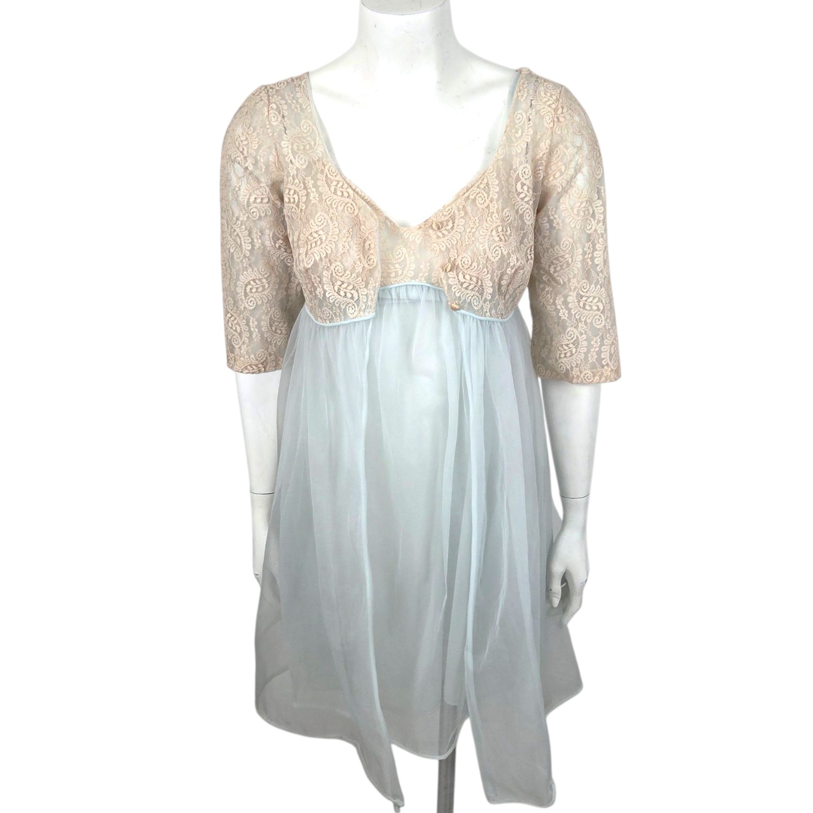 Vintage 60s Lisette Al Sterling Peignoir Nightgown Robe Set 34 Blue Beige Lace