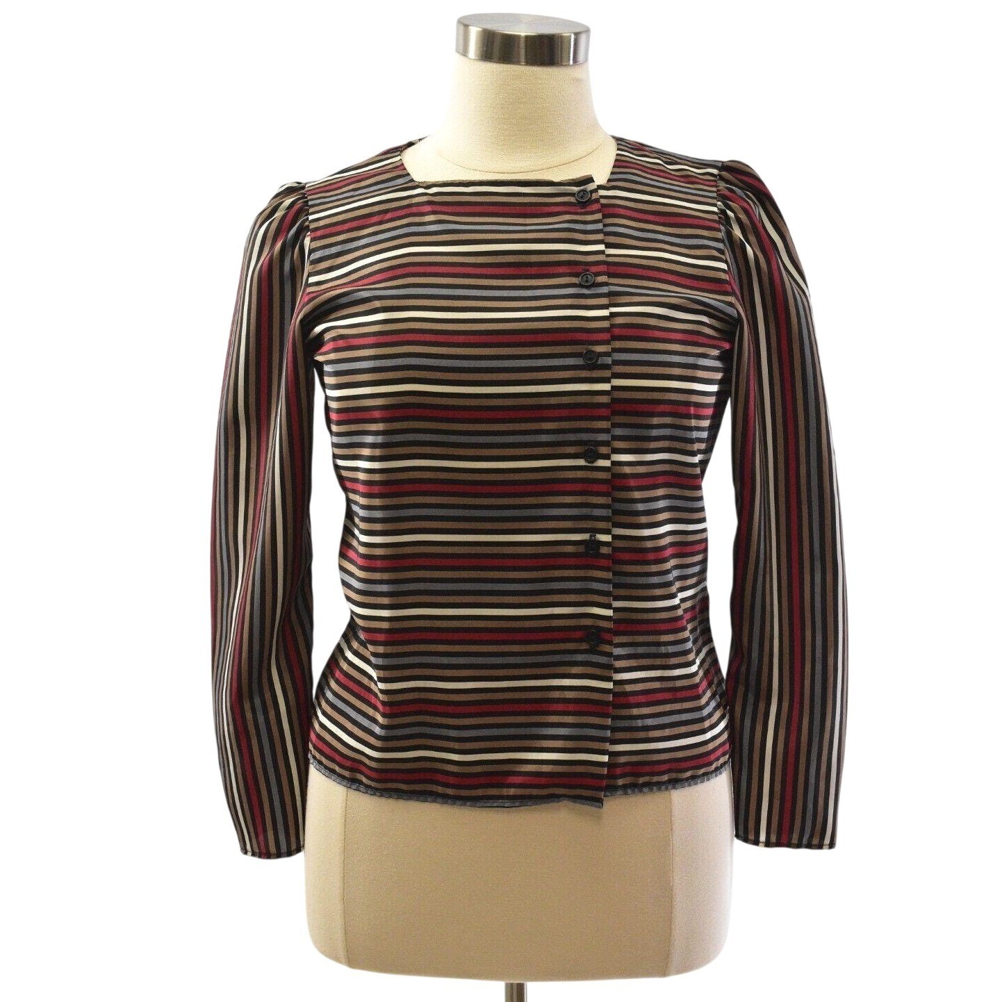 70s Vintage Square Neck Asymmetrical Blouse Satin Brown Striped Mod Secretary M