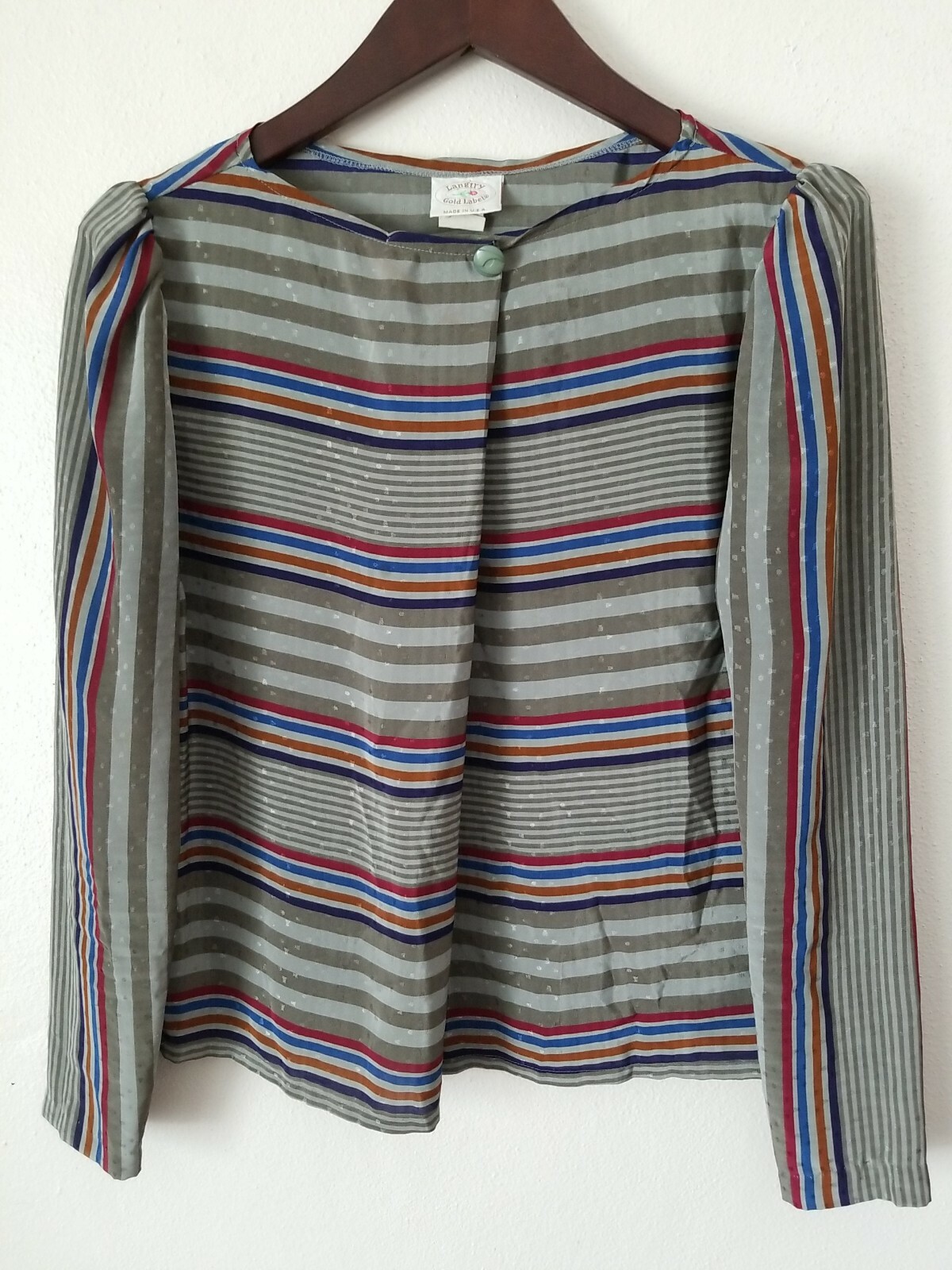 Vintage LANGTRY Striped Pullover Puff Sleeve Vertical Pleat Blouse Size