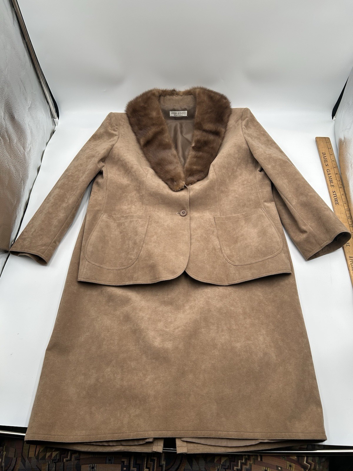 Adolph Schuman for Lilli Ann Ultra Suede Jacket Fox Fur Collar 2pc Skirt Set XL