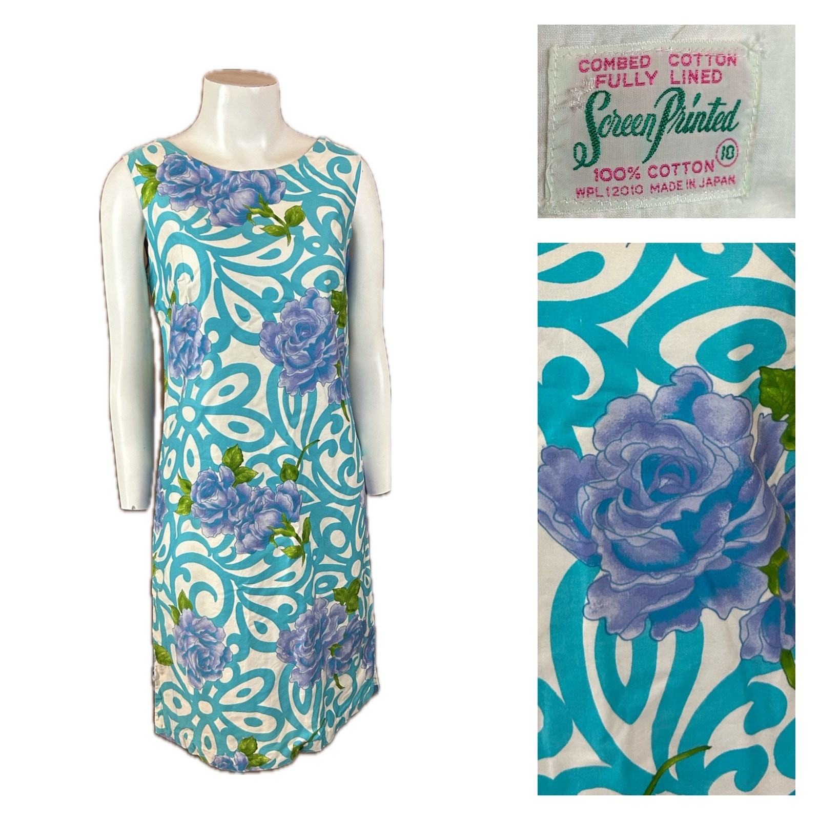 Vintage 60s Blue Swirl Floral Cotton Shift Dress sleeveless Screen Printed XS ^