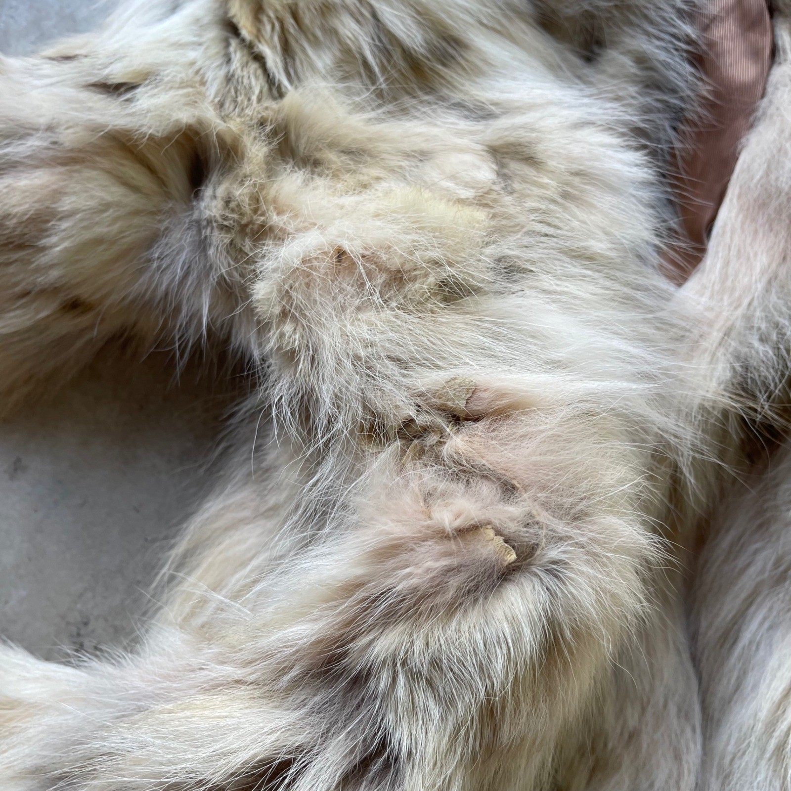 Vintage Genuine Fox Fur Coat Cream Tan Mid-Length Shawl Collar Distressed Flawed