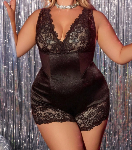 Vintage inspired Glossy Black Second Skin Satin Bodysuit Teddy Romper XL NEW