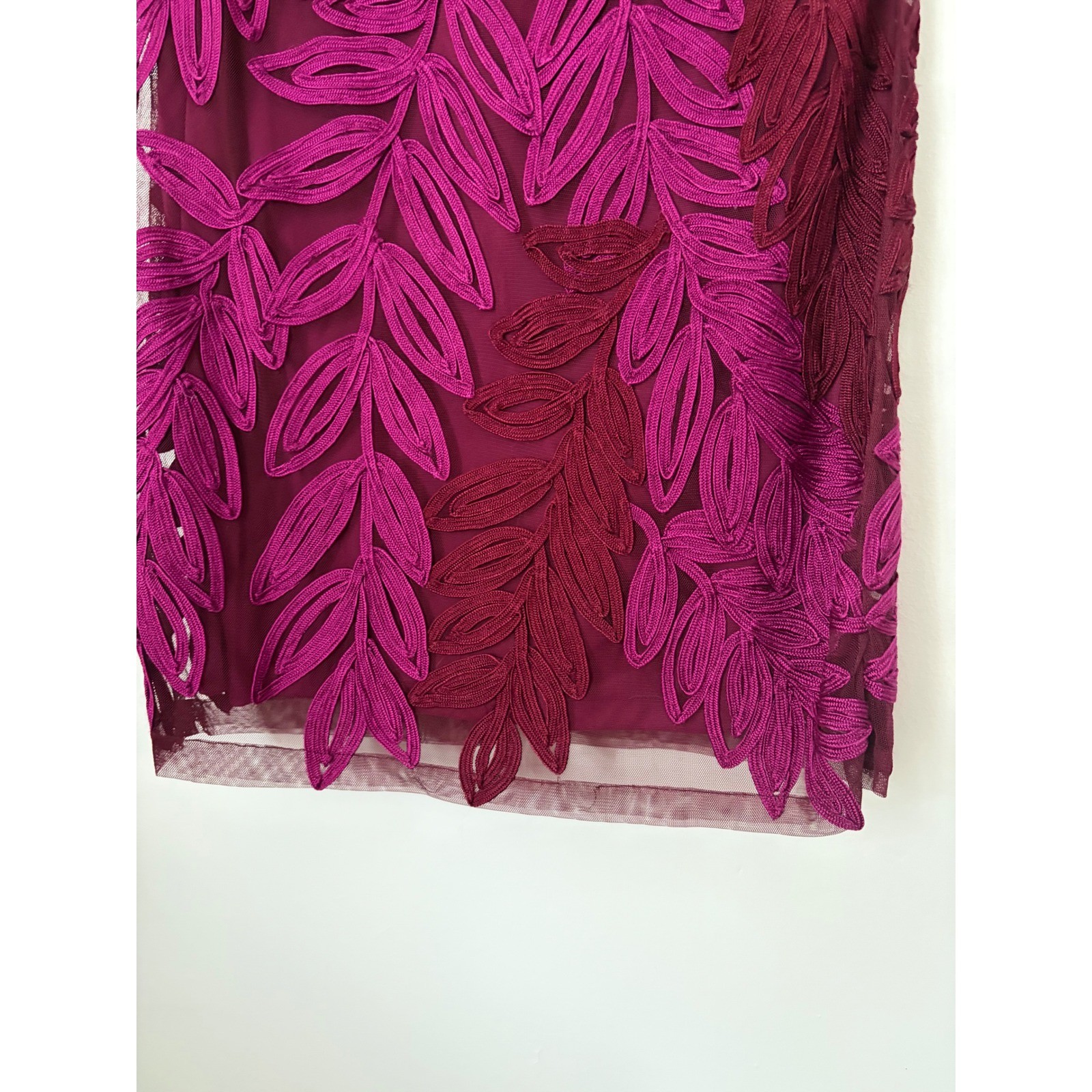 JS Collection Hot Pink Plum Soutache V-neck Midi Dress Leaf Embroidery size 4