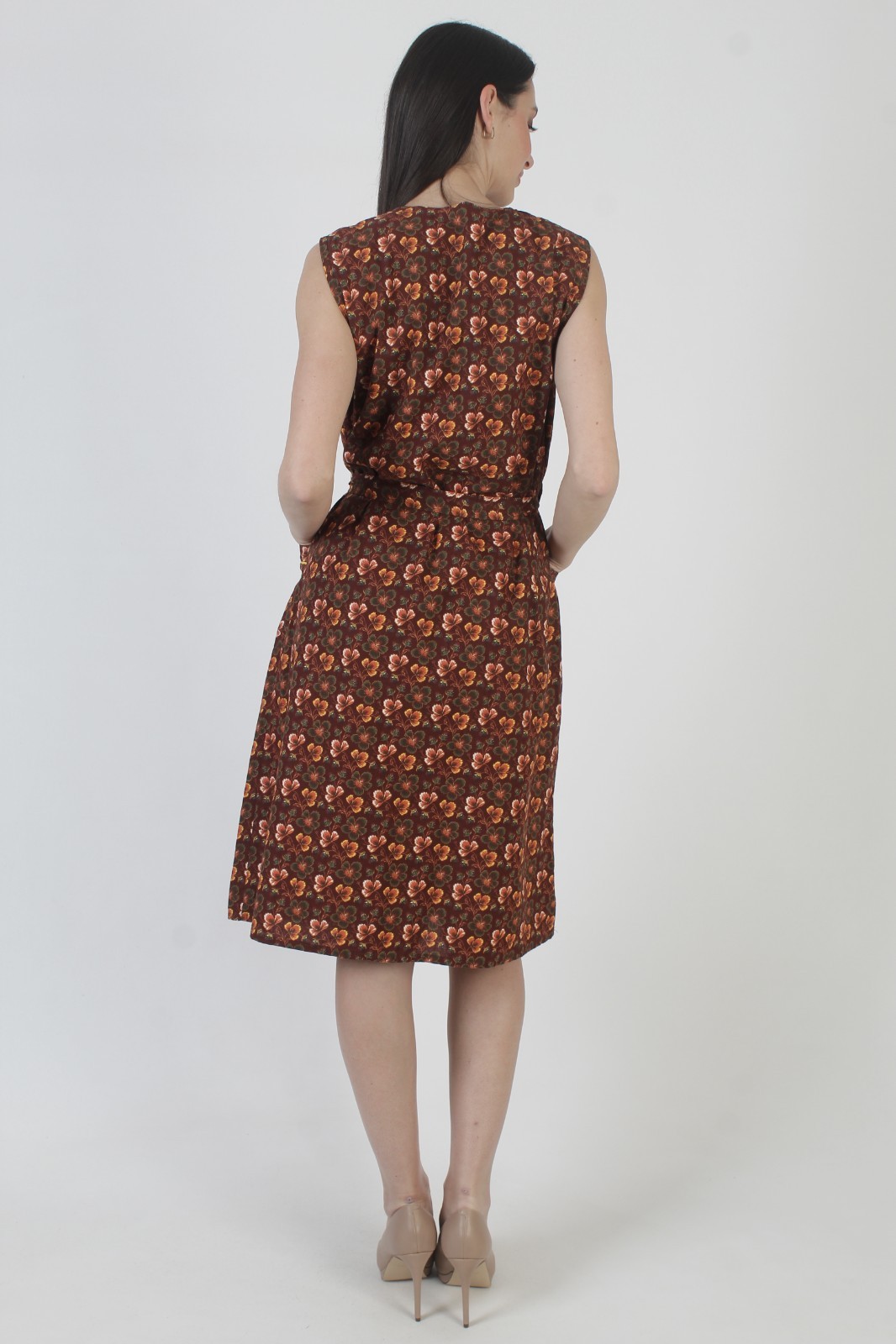Vtg 70s Brown Calico Sundress Belted Autumnal Prairie Front Zip Pockets Dress