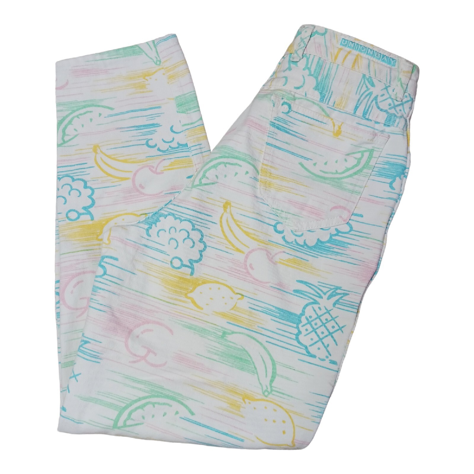 Vintage Unionbay Denim Jeans All Over Fruit Print Summer White Rainbow Pineapple