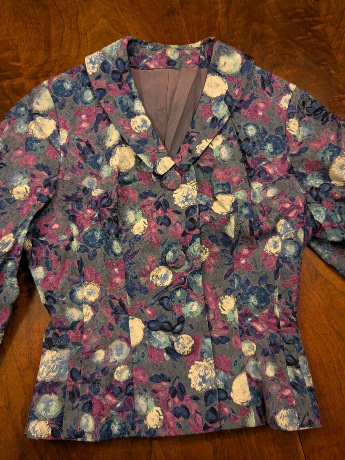 Floral Purple Blue White Vintage 1960s Jacket 3/4 Sleeve