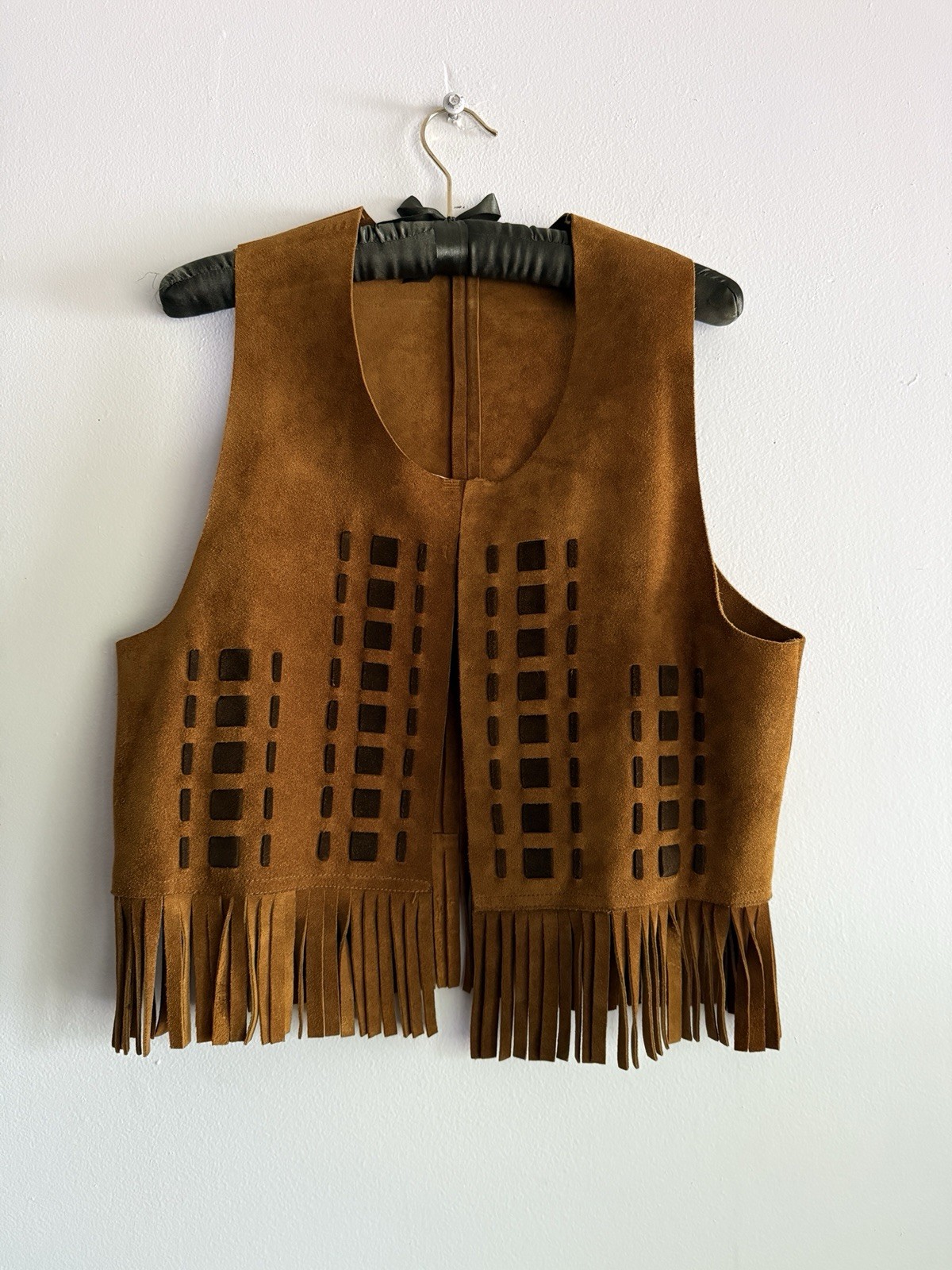 Vintage 70s Suede Leather Fringe Vest M Unisex Western Festival Made In Spain