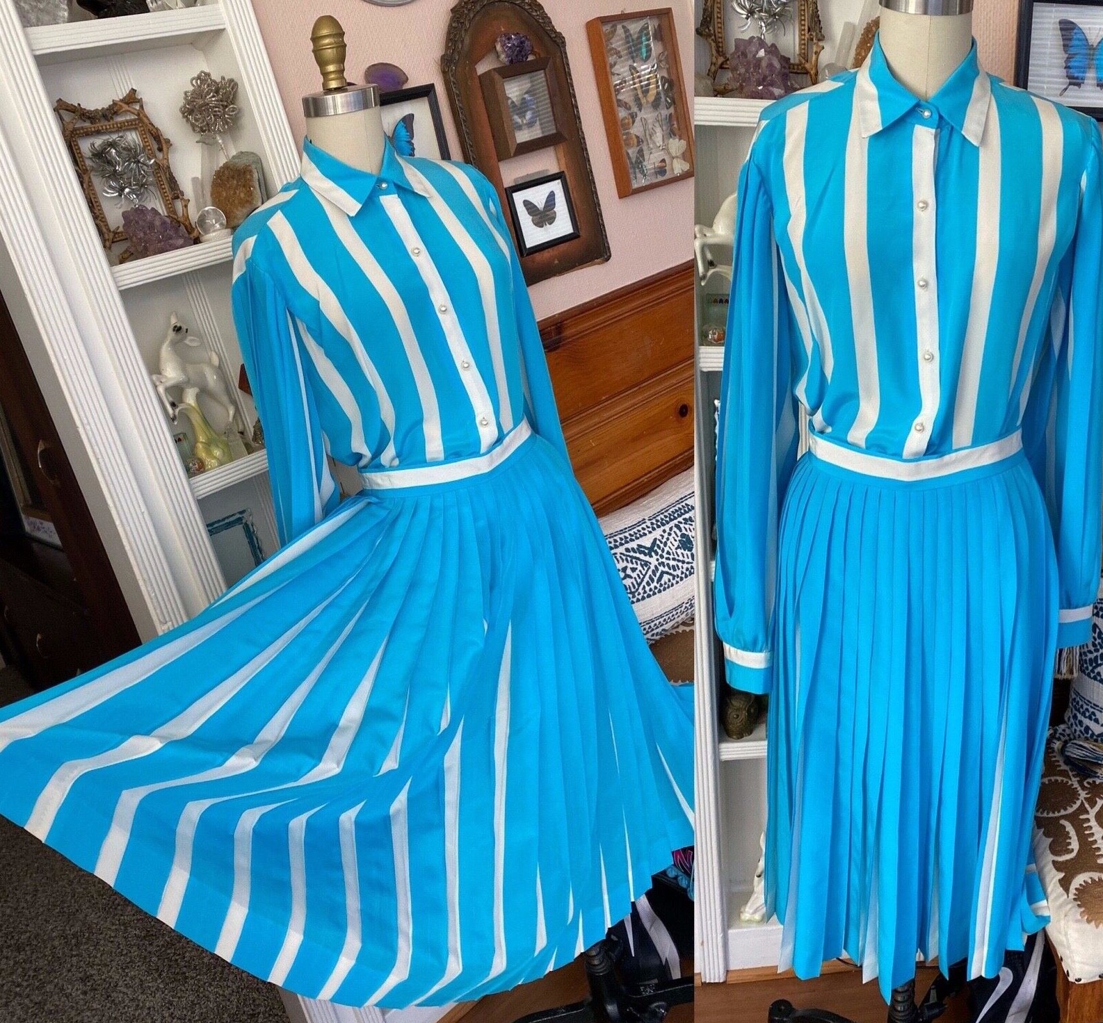 VTG David Hayes Silk Pleated Skirt Blouse Set Designer Striped Pleat S XS 2 4
