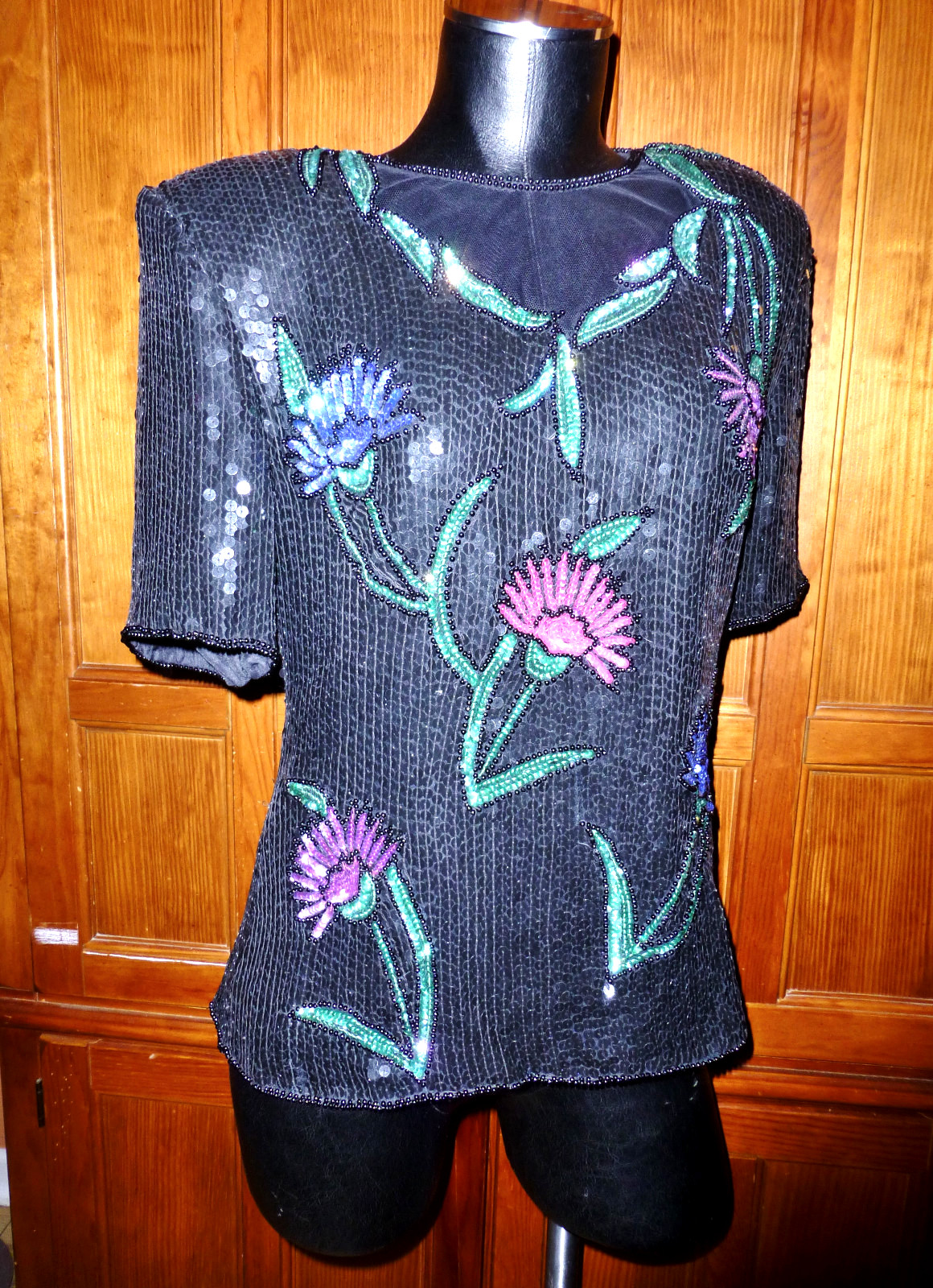 Vtg 80s SEQUIN Beads Embroidered SILK Floral Evening Formal Party Top Blouse S