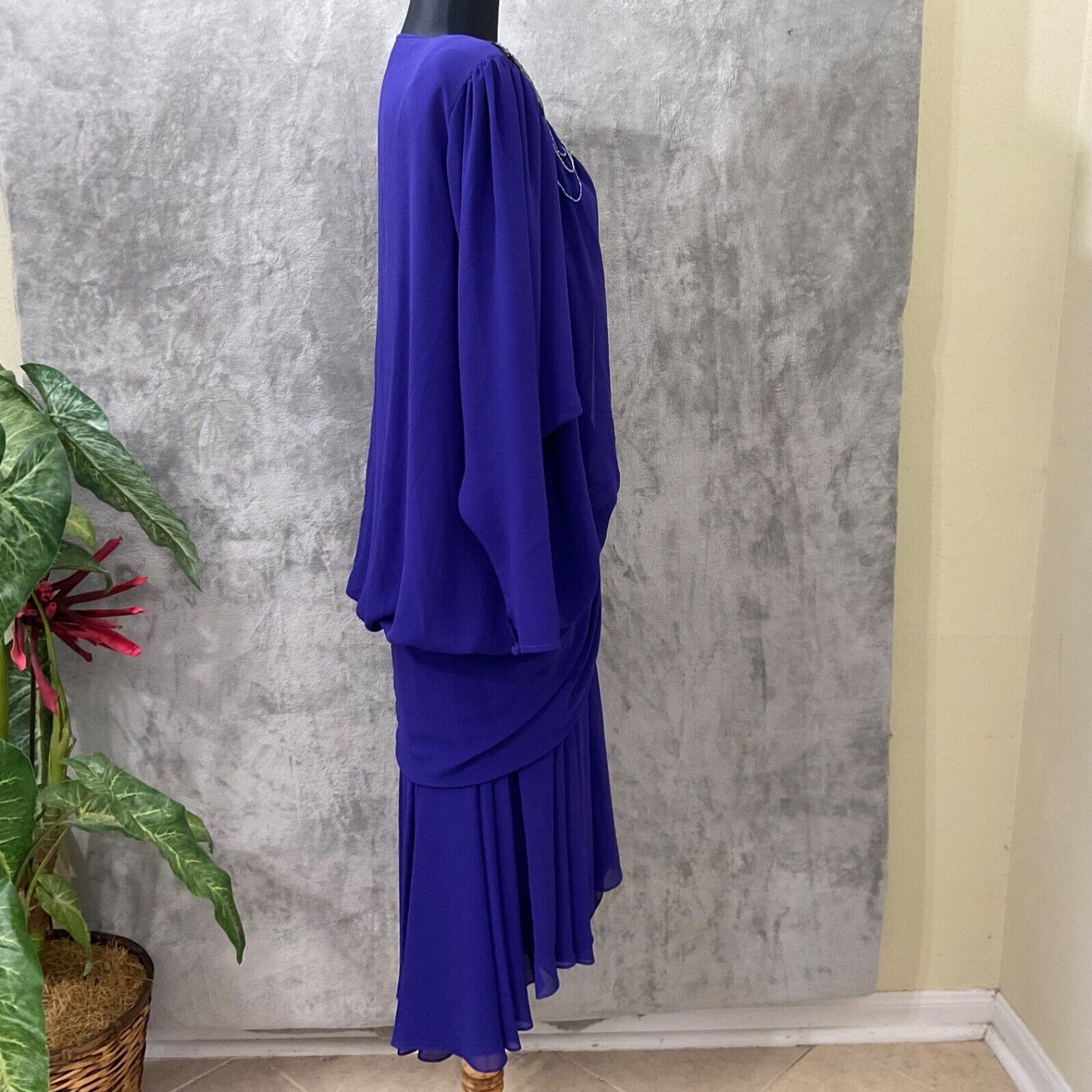Casadei 1980s Double Layered Formal Dress M/L Purple beaded shoulders Art Deco