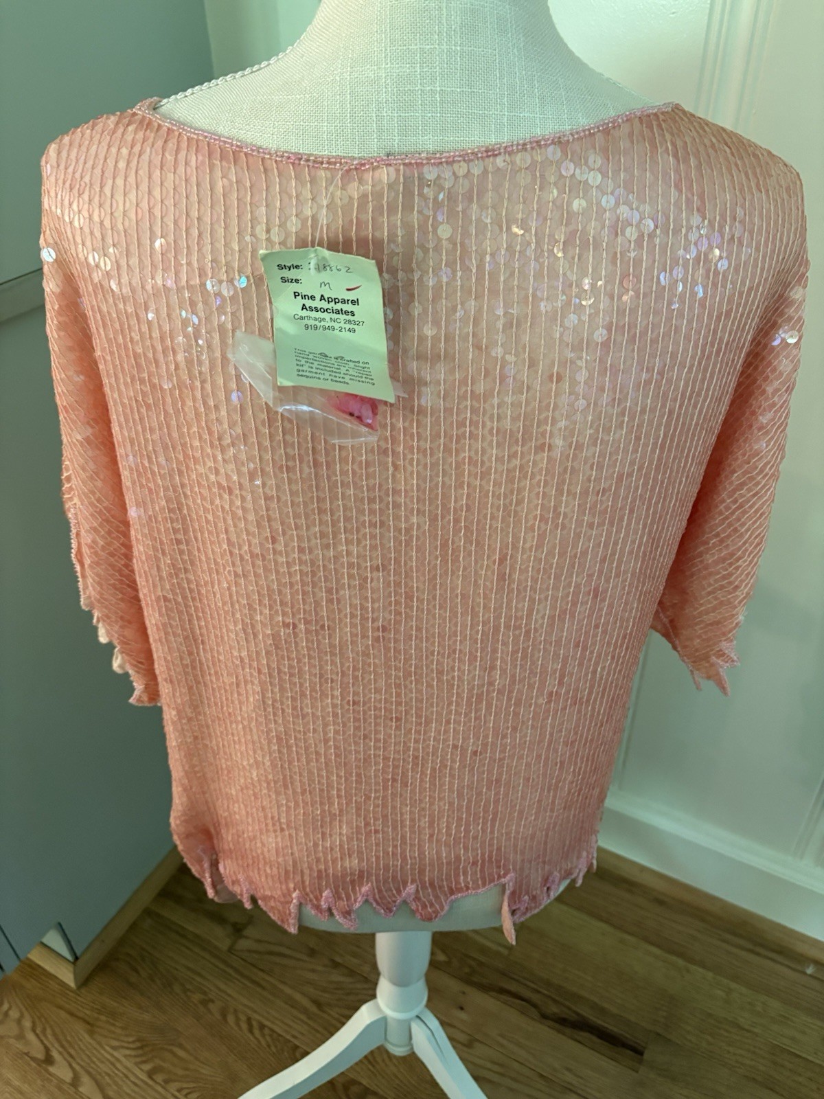 Vintage 80s Hand Beaded 100% Silk Top Pastel Pink Sequin. NWT!M Deadstock. India