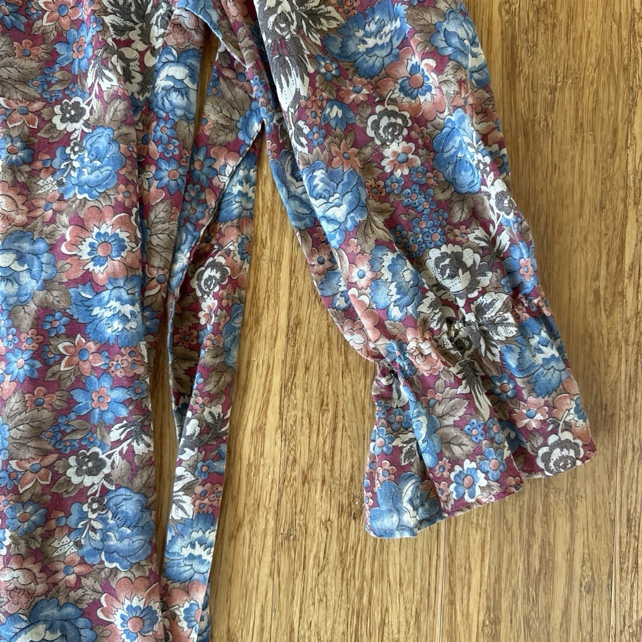 Vintage 1970S Cotton Voile Brown And Blue Floral Maxi Dress With Ruffle Hem