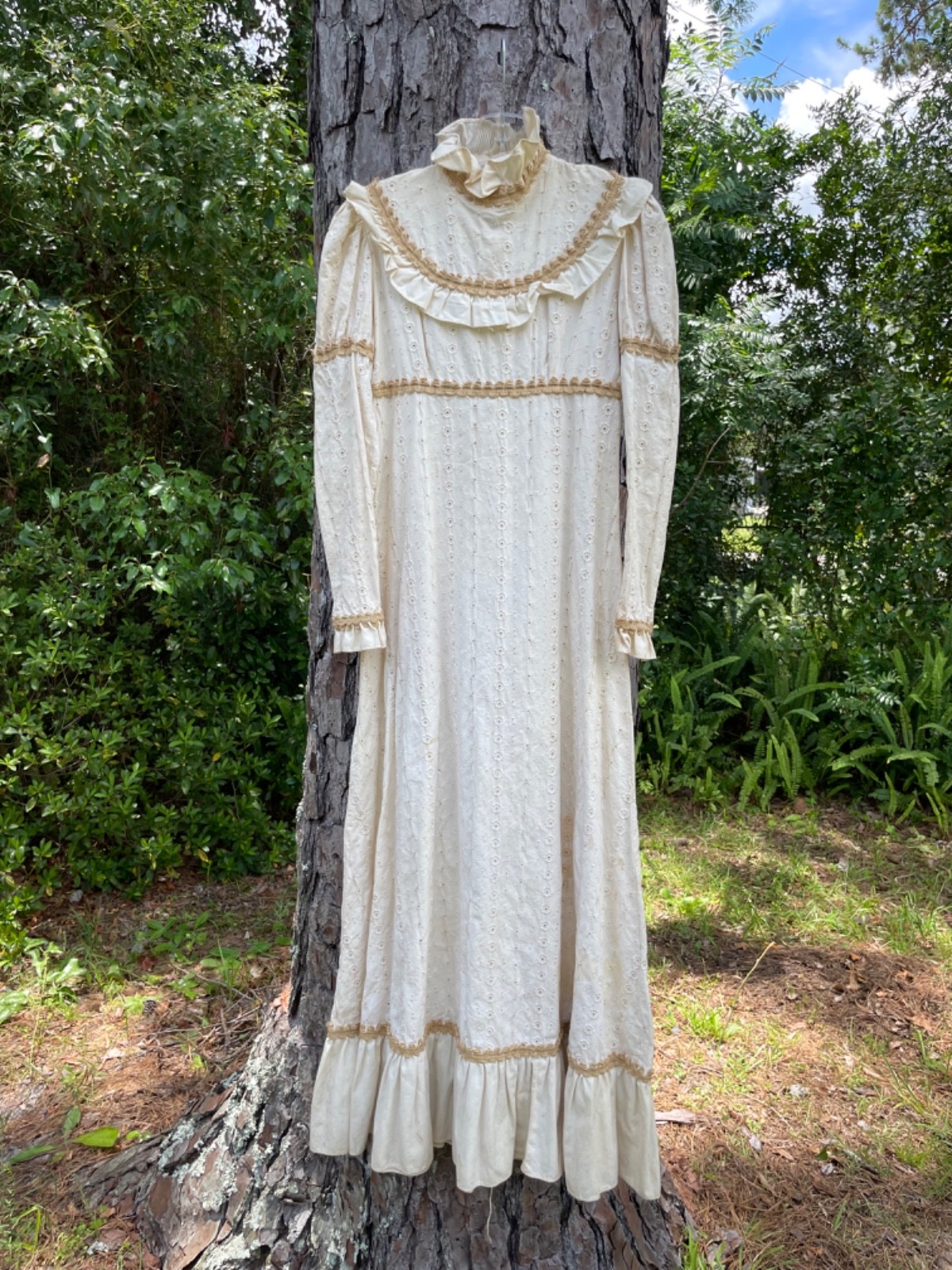 VTG 70’s Gunne Sax Off White Eyelet Cotton Empress Colar Cottage Prairie Dress 7