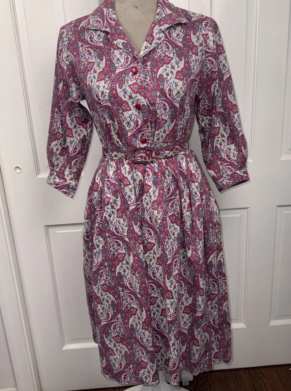 1950’s Handmade Cotton Shirt Dress Fit & Flare Paisley Pockets Medium Belted