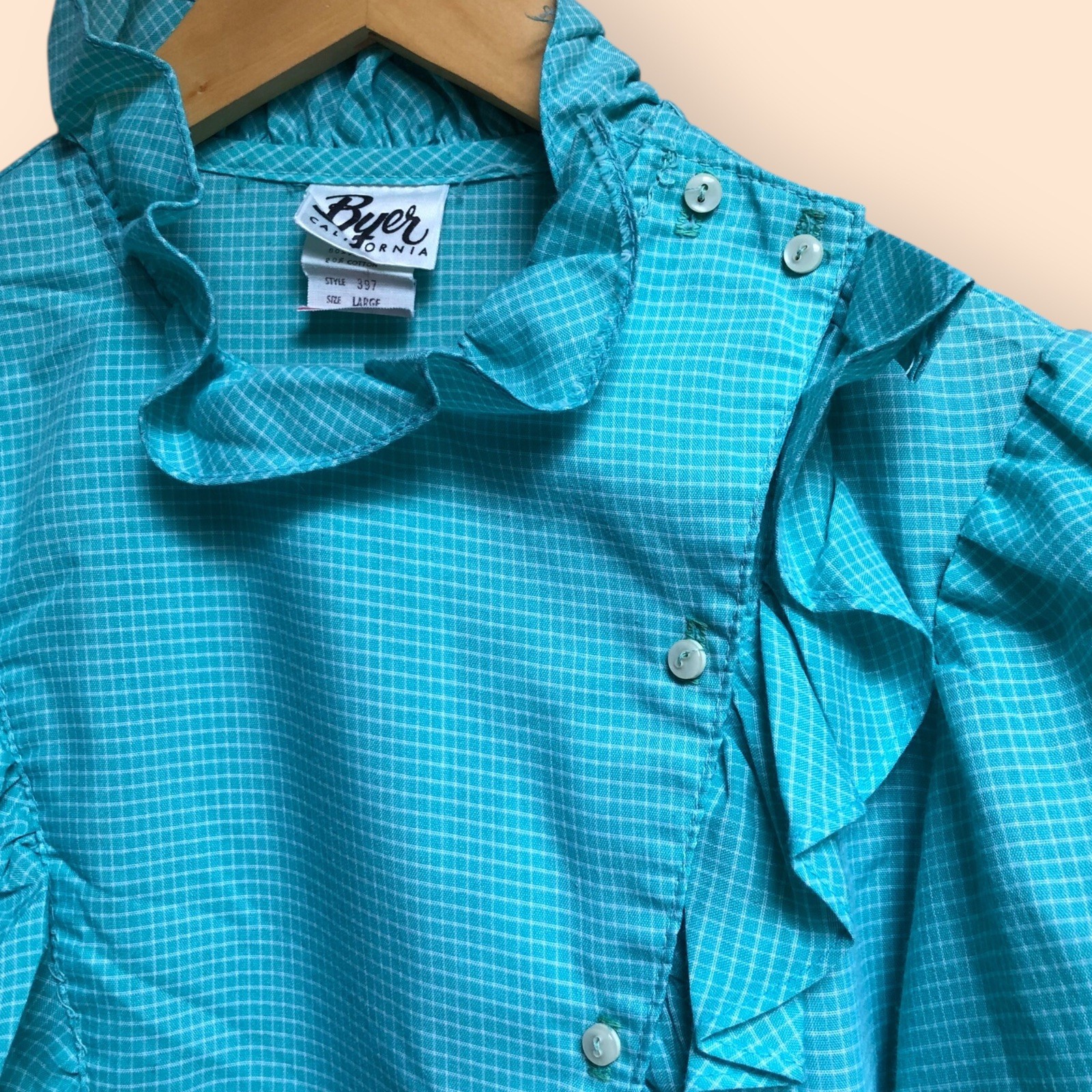 Vintage 60s/70s Byer California Retro Teal Ruffled Button Front Blouse Women’s L