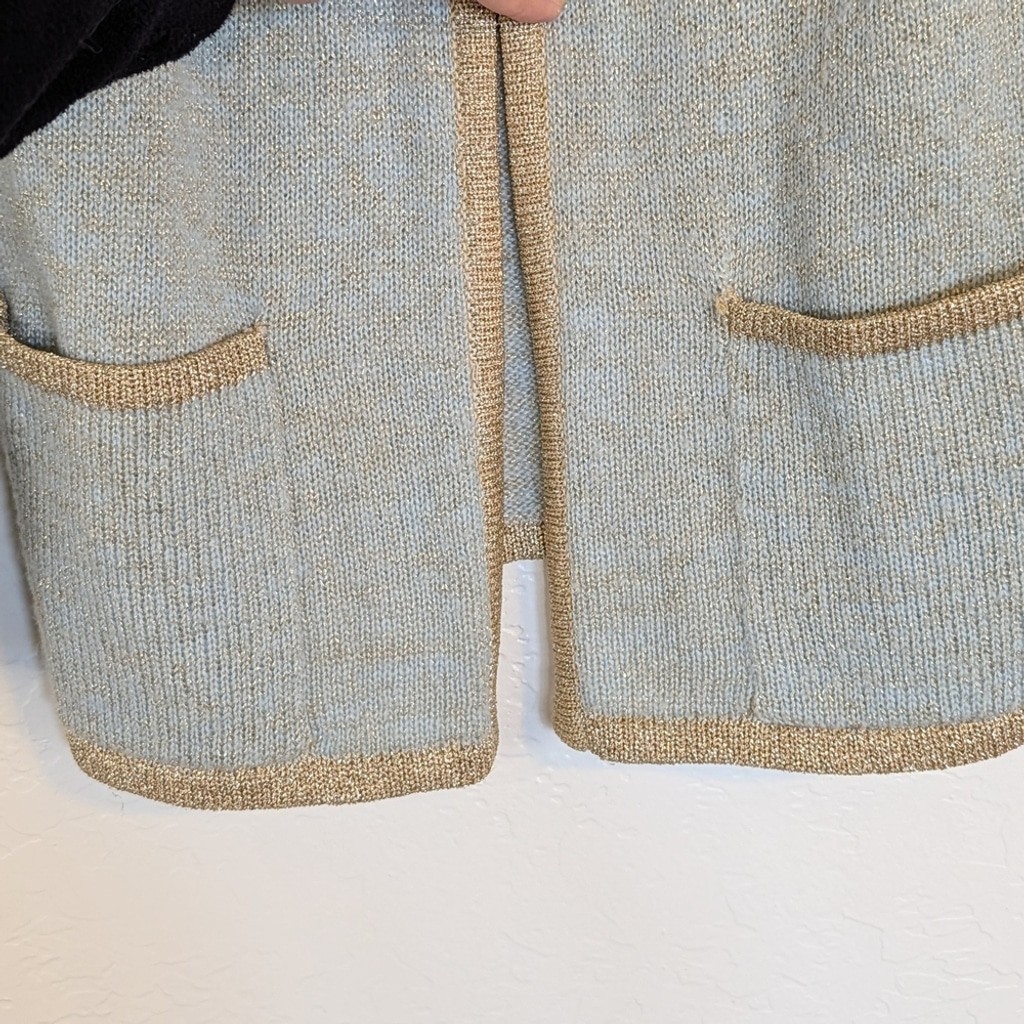 VTG Cardigan Short Sleeve Sweater Set Light Mint Green Gold Trim 80s Grandmacore